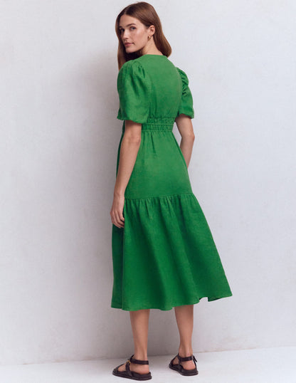 Irene Puff Sleeve Linen Dress-Highland Green-3