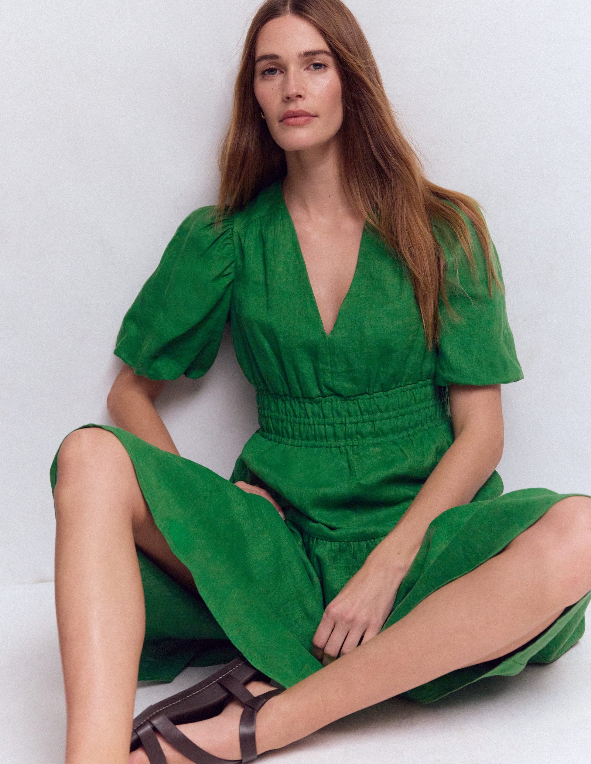 Irene Puff Sleeve Linen Dress-Highland Green-4