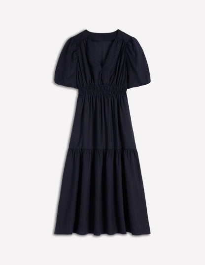 Irene Puff Sleeve Linen Dress-Navy-6