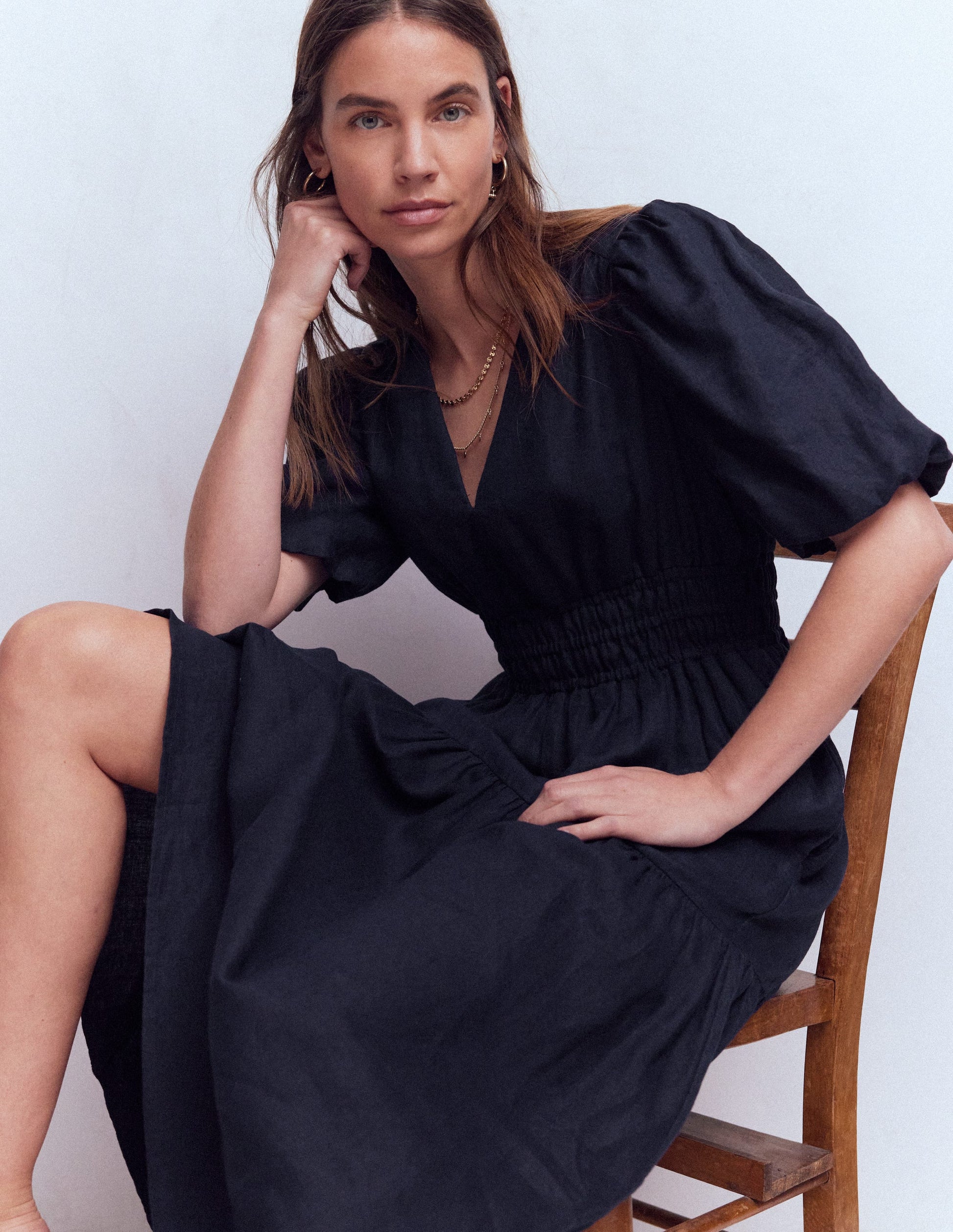 Irene Puff Sleeve Linen Dress-Navy-1