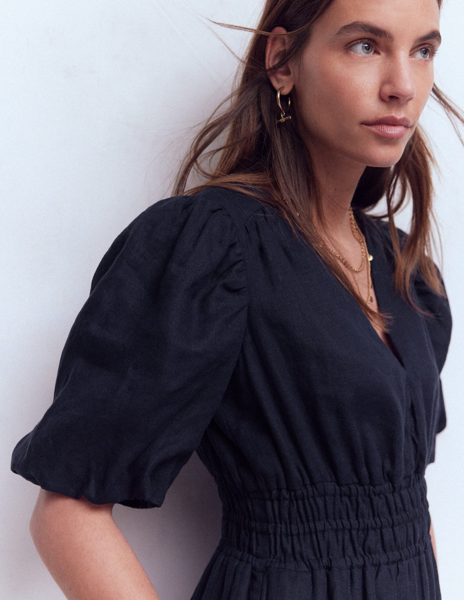 Irene Puff Sleeve Linen Dress-Navy-2