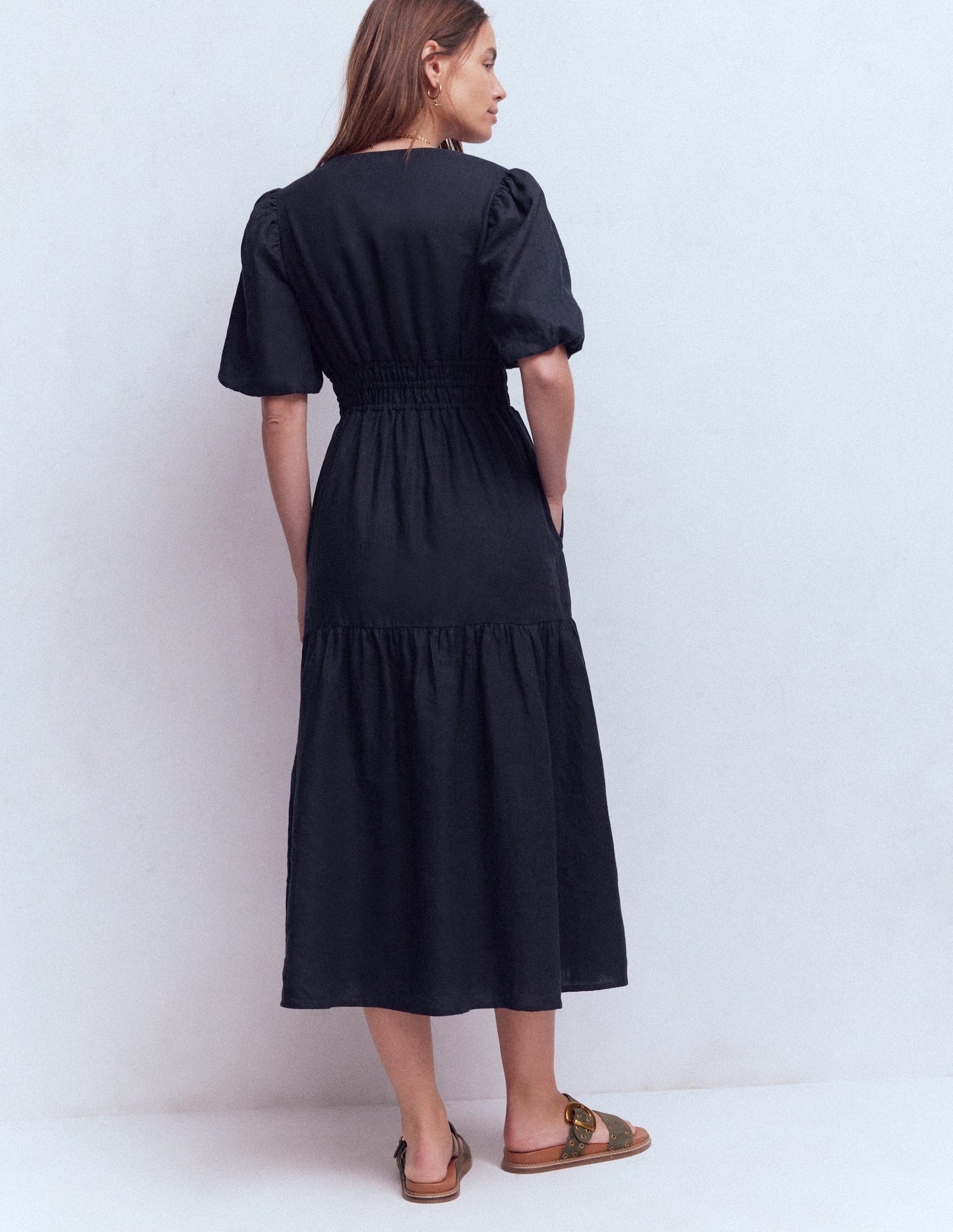 Irene Puff Sleeve Linen Dress-Navy