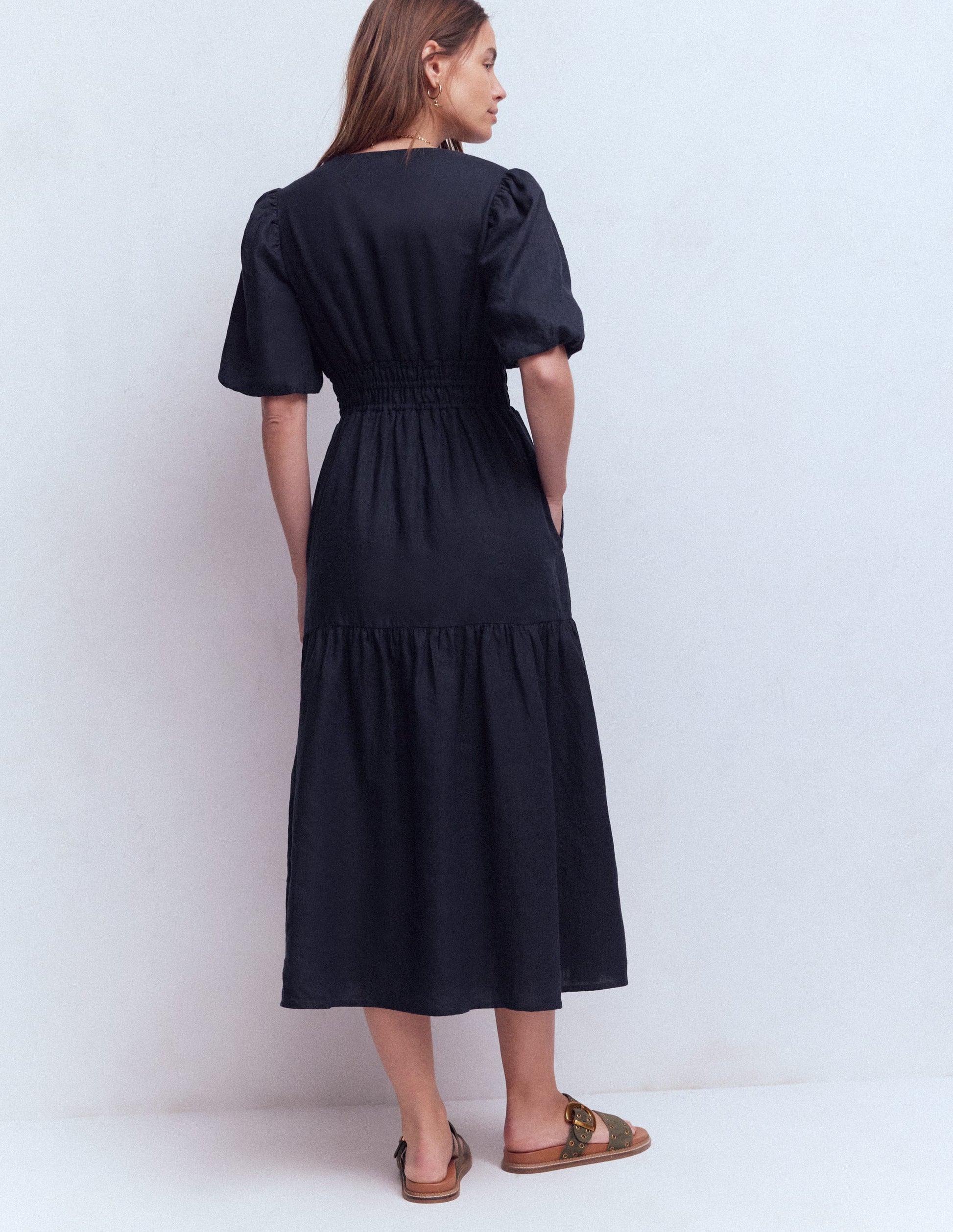 Irene Puff Sleeve Linen Dress-Navy-3