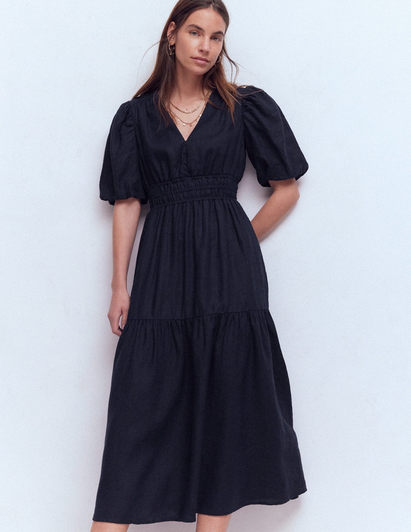 Irene Puff Sleeve Linen Dress-Navy