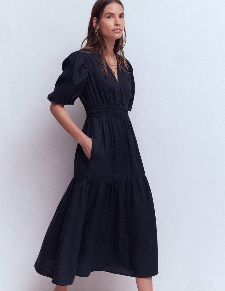 Irene Linen Midi Dress-Navy