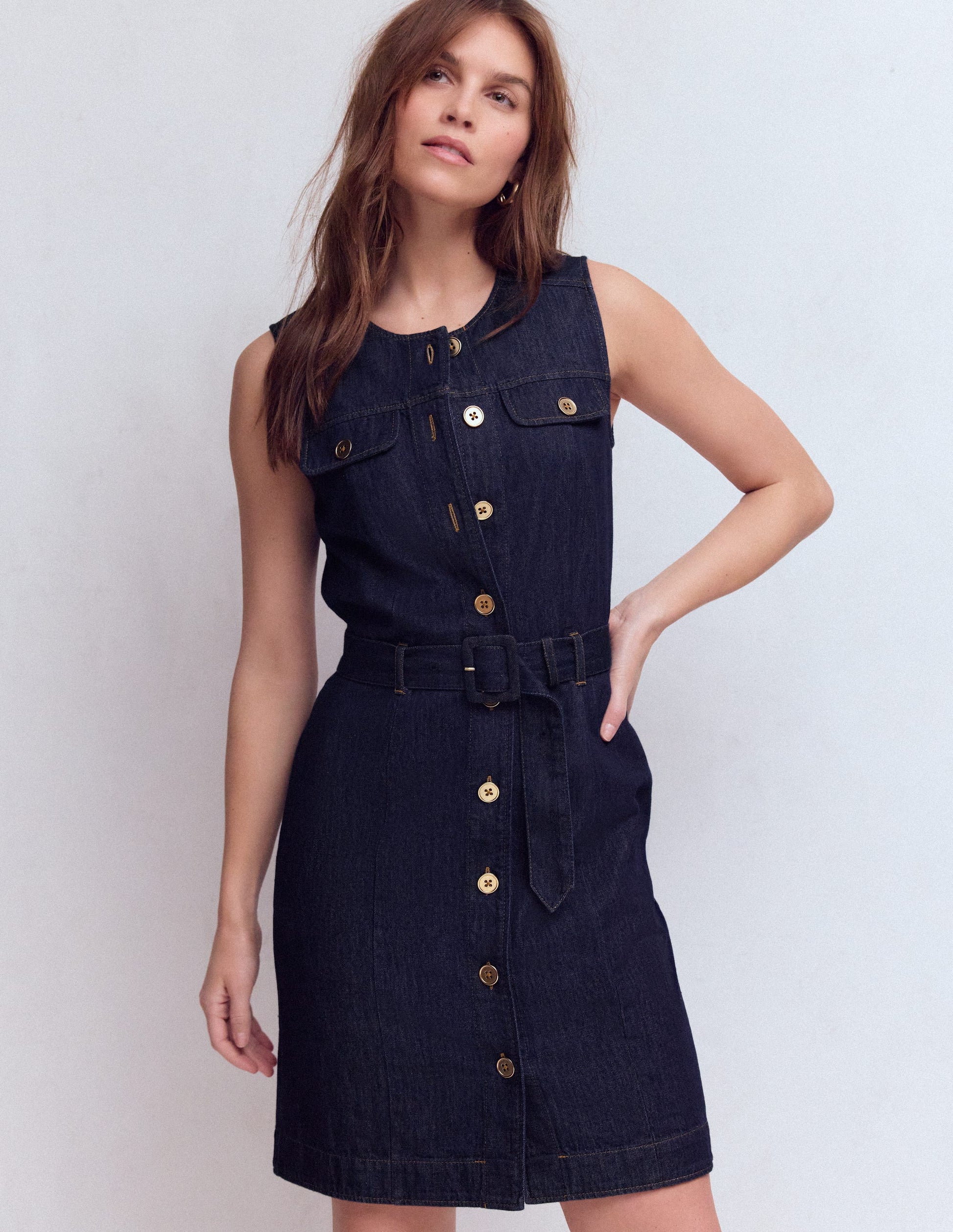 Short Gold Button Denim Dress-Indigo-1