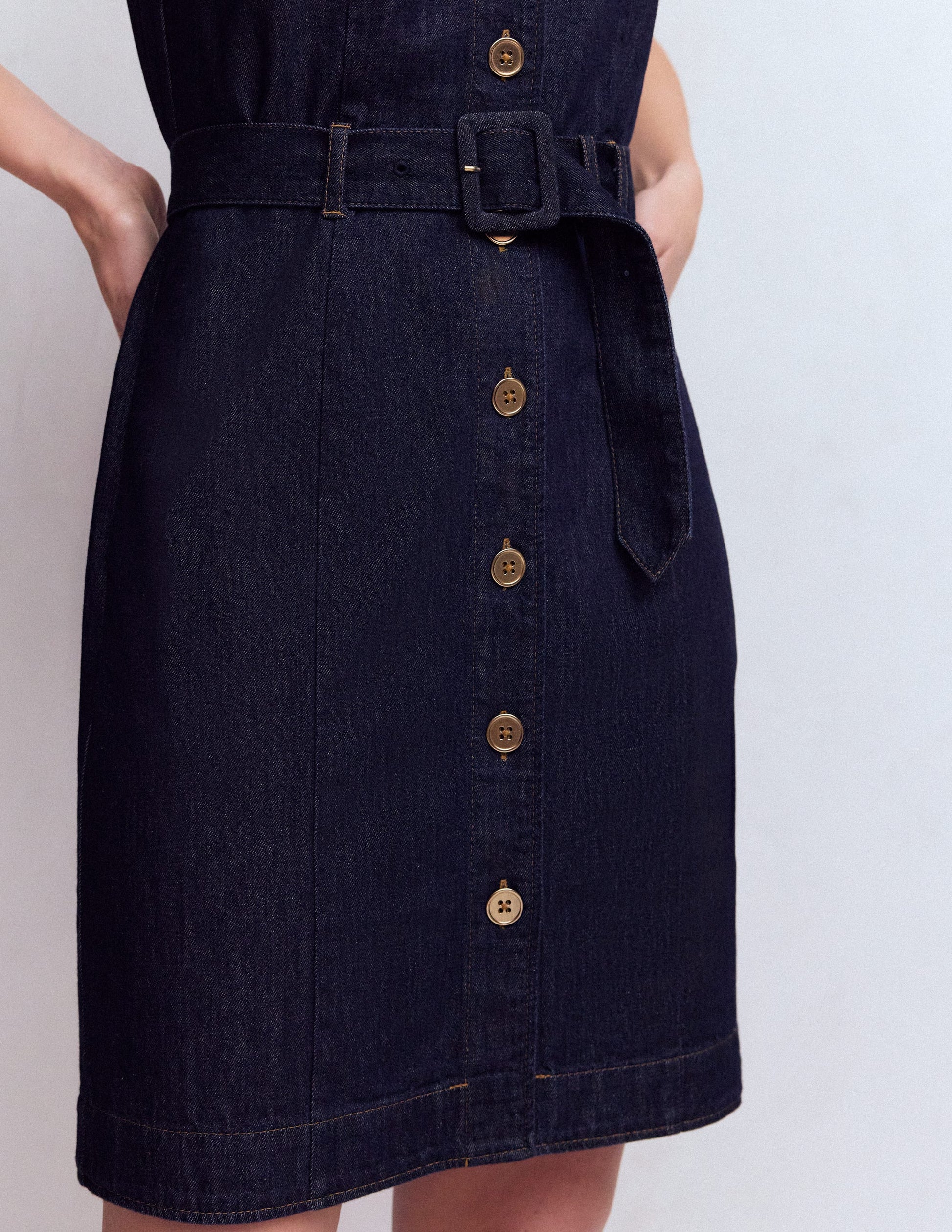 Short Gold Button Denim Dress-Indigo-2