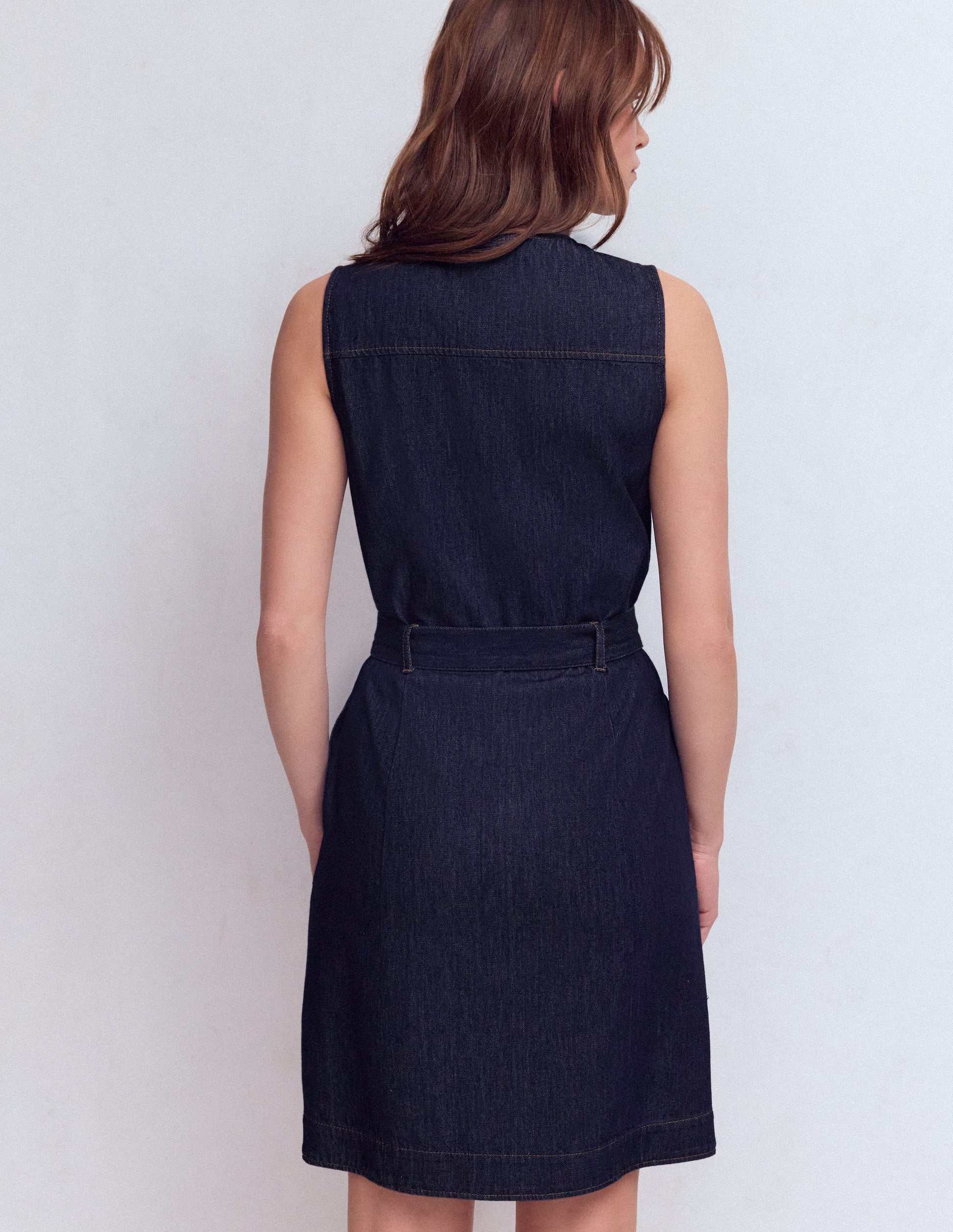 Short Gold Button Denim Dress-Indigo-3