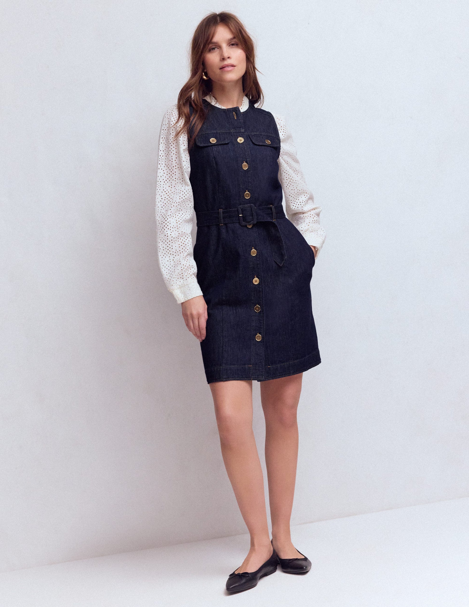Short Gold Button Denim Dress-Indigo-4