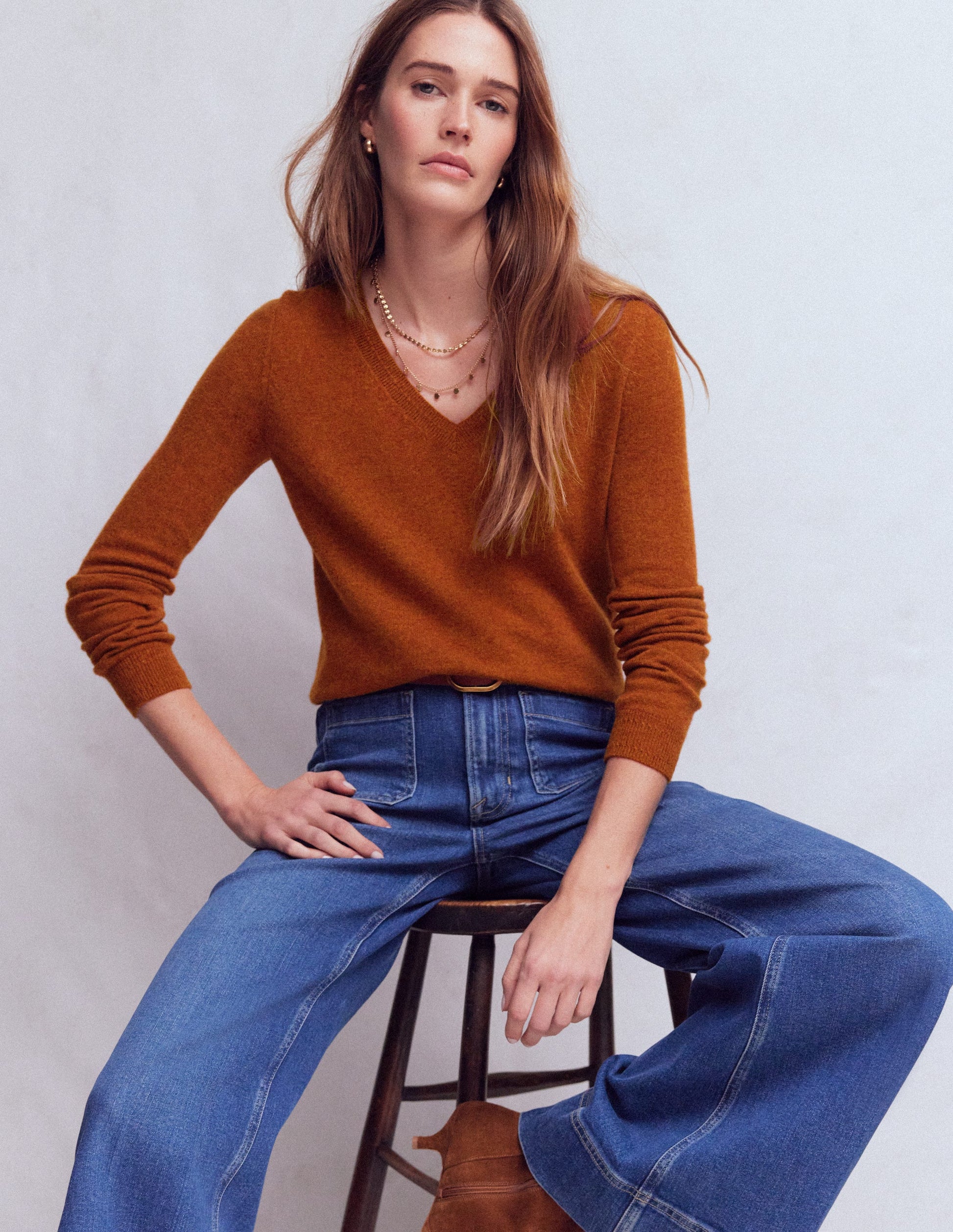 Eva Cashmere V-neck Jumper-Cognac Melange-1