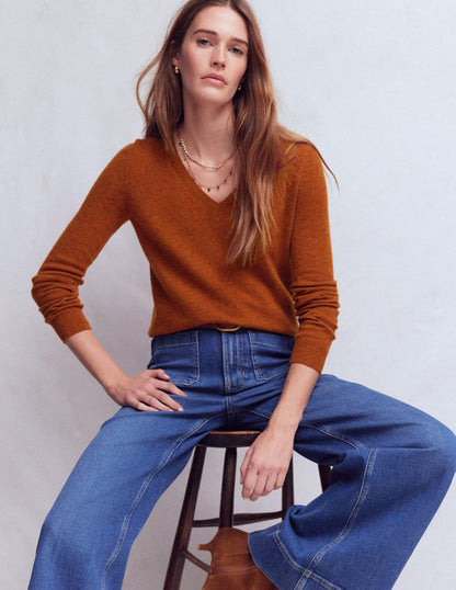 Eva Cashmere V-neck Jumper-Cognac Melange-1