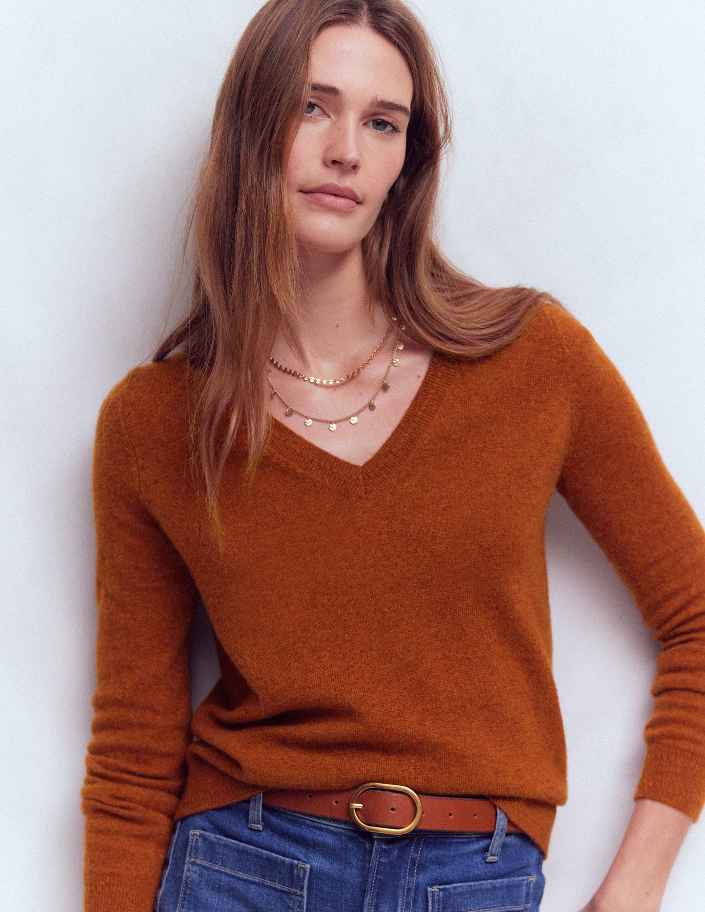 Eva Cashmere V-neck Jumper-Cognac Melange