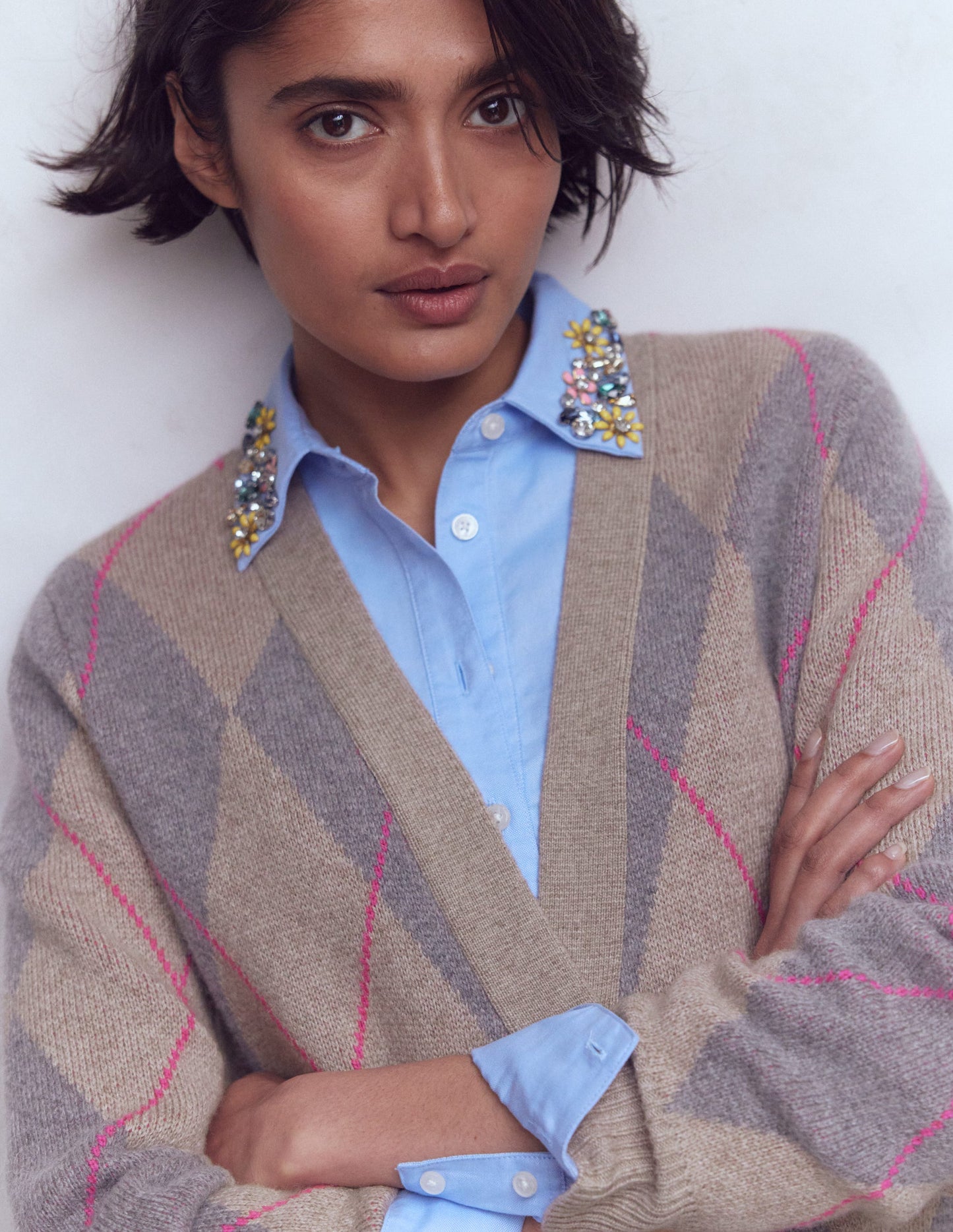 Quinn Boyfriend Cardigan-Neutral Argyle