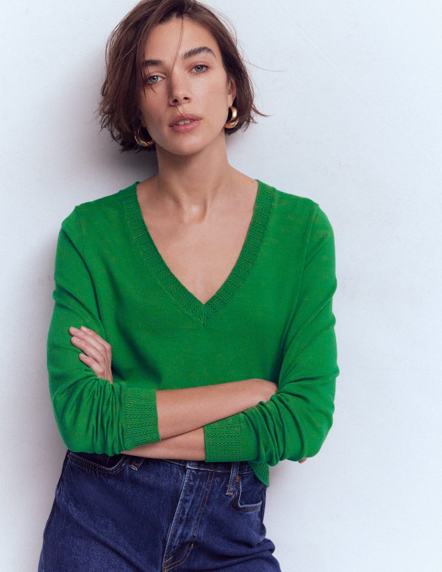 Emilia Cotton V-Neck Jumper-Rich Emerald