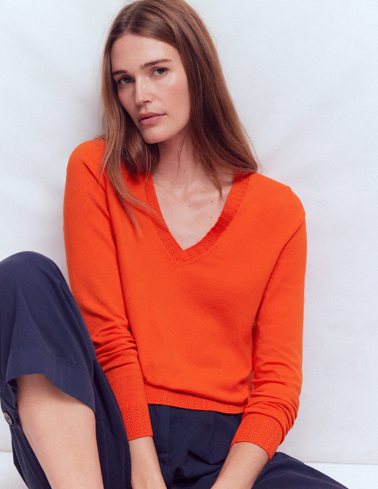 Emilia Cotton V-Neck Jumper-Sunset Orange