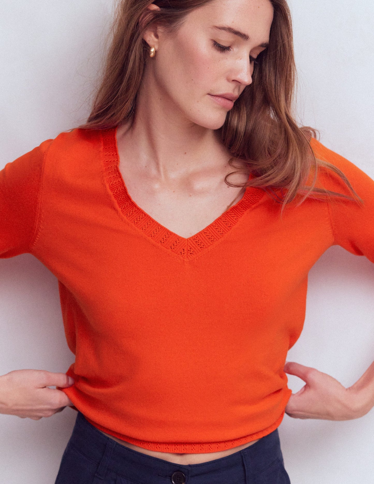 Emilia Cotton V-Neck Jumper-Sunset Orange