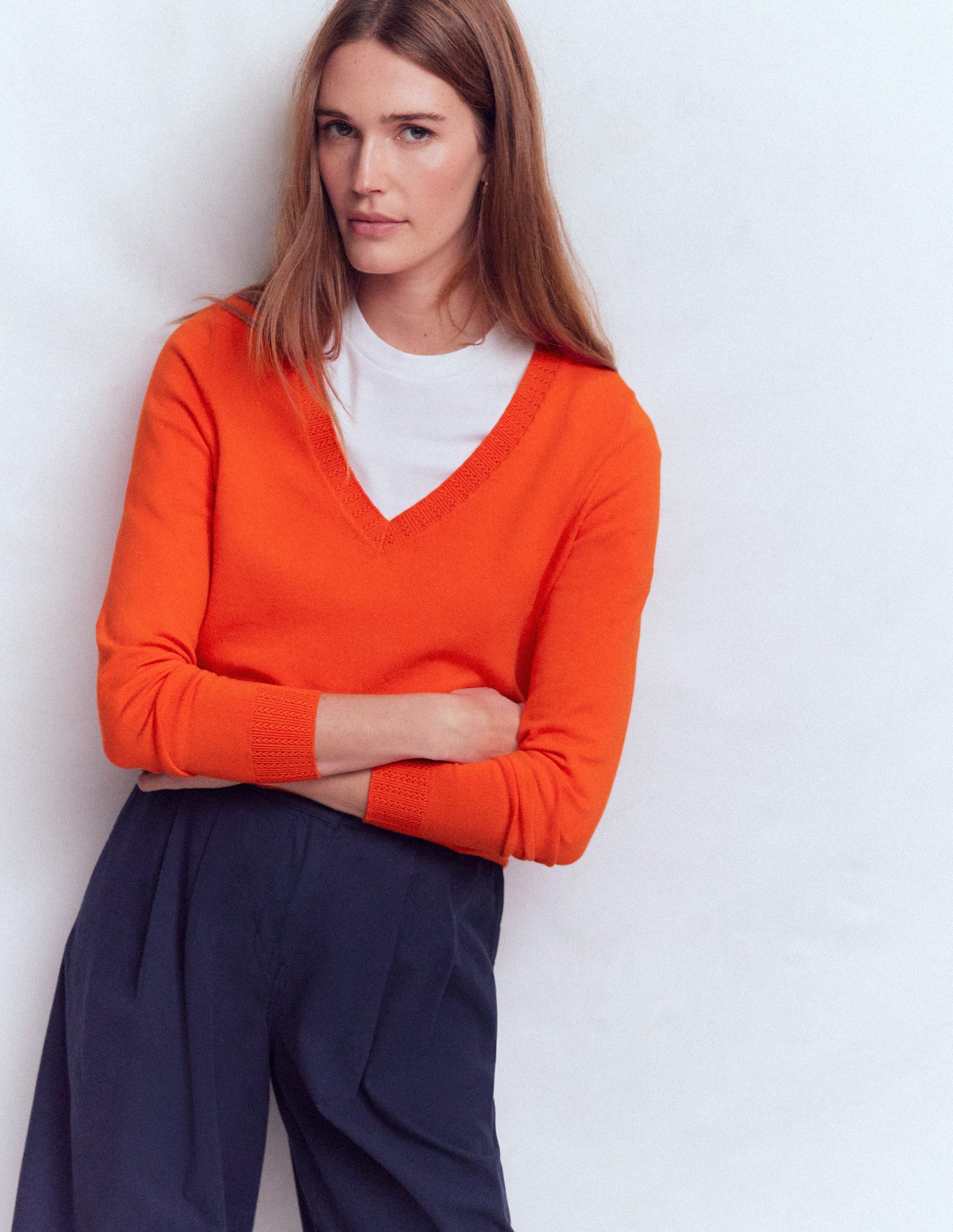 Emilia Cotton V-Neck Jumper-Sunset Orange-4
