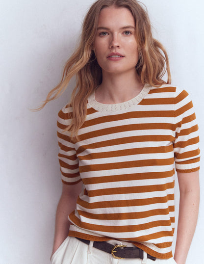Emilia Cotton Crew T-shirt-Cognac/ Warm Ivory-5