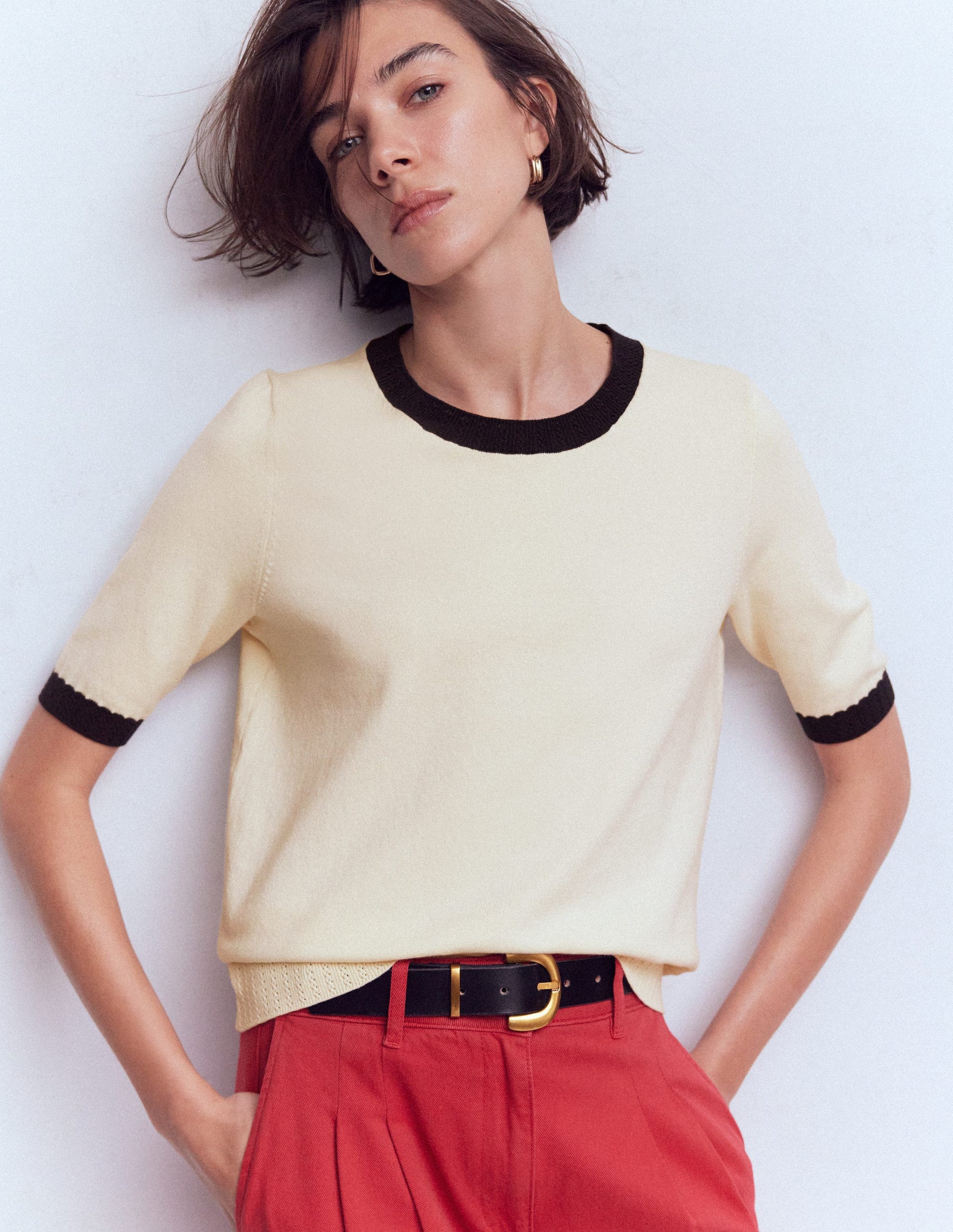 Emilia Cotton Crew T-shirt-Warm Ivory, Navy-1