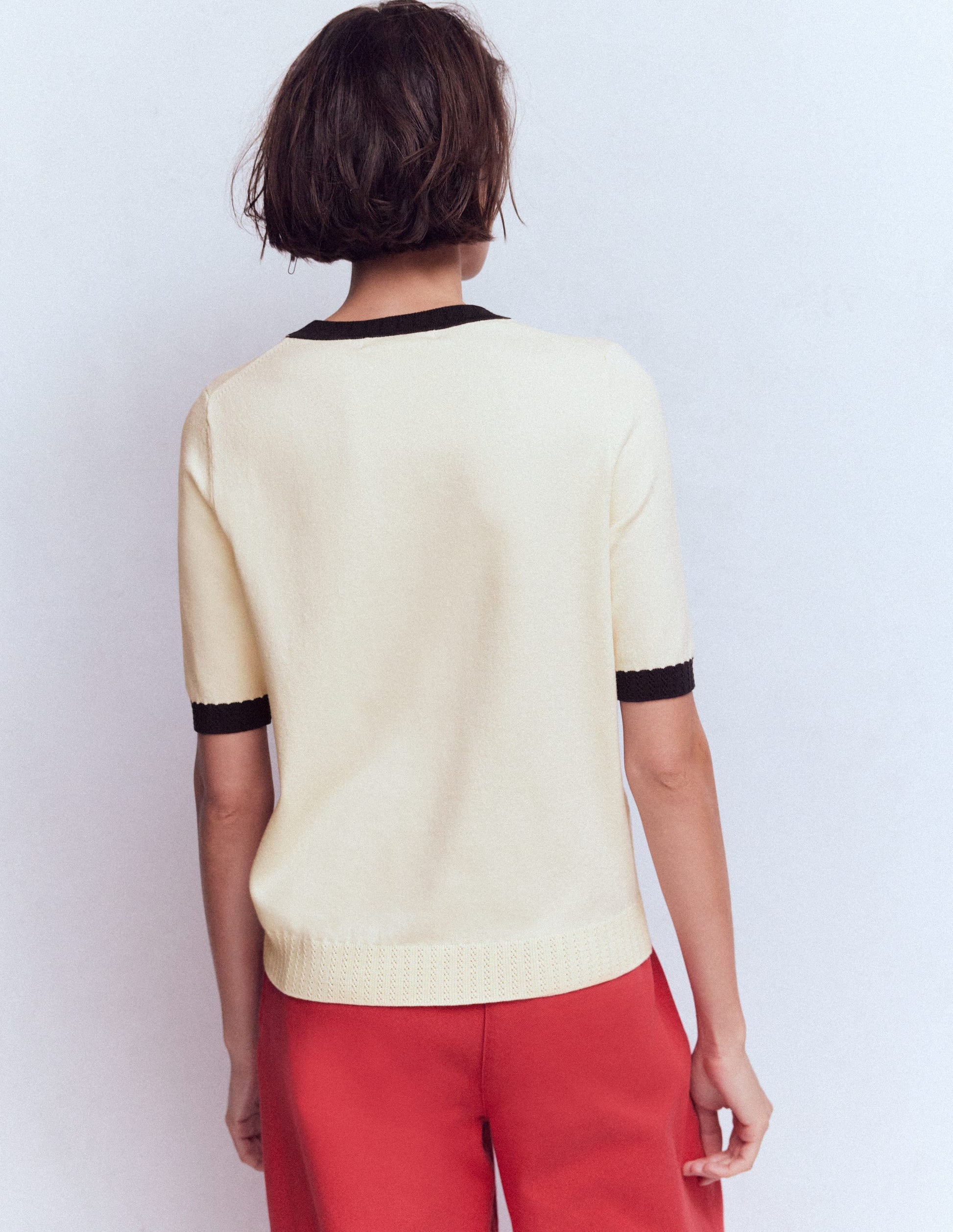 Emilia Cotton Crew T-shirt-Warm Ivory, Navy-3