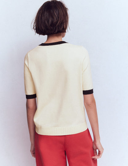 Emilia Cotton Crew T-shirt-Warm Ivory, Navy-3