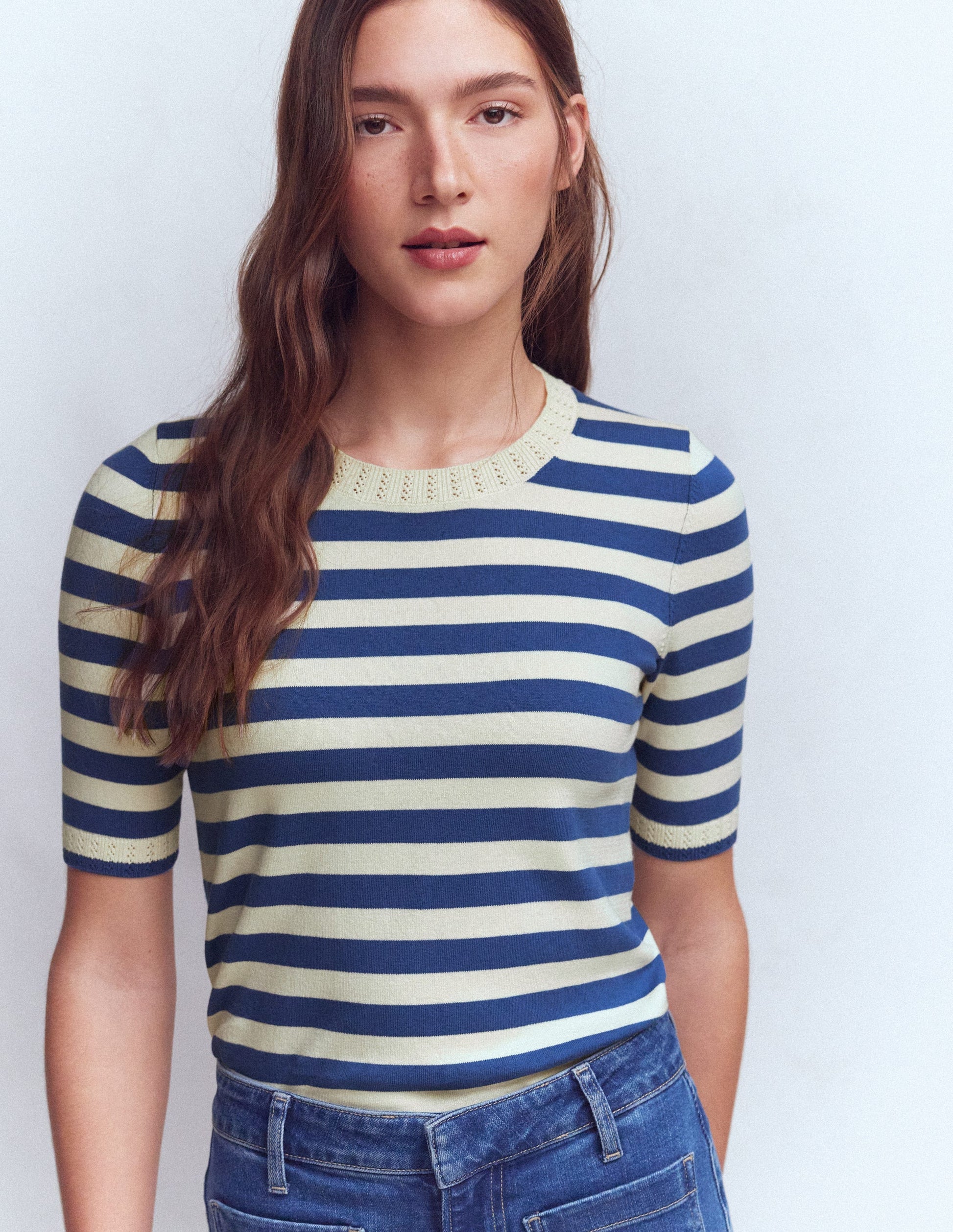 Emilia Cotton Crew T-shirt-Denim Blue/ Warm Ivory-4