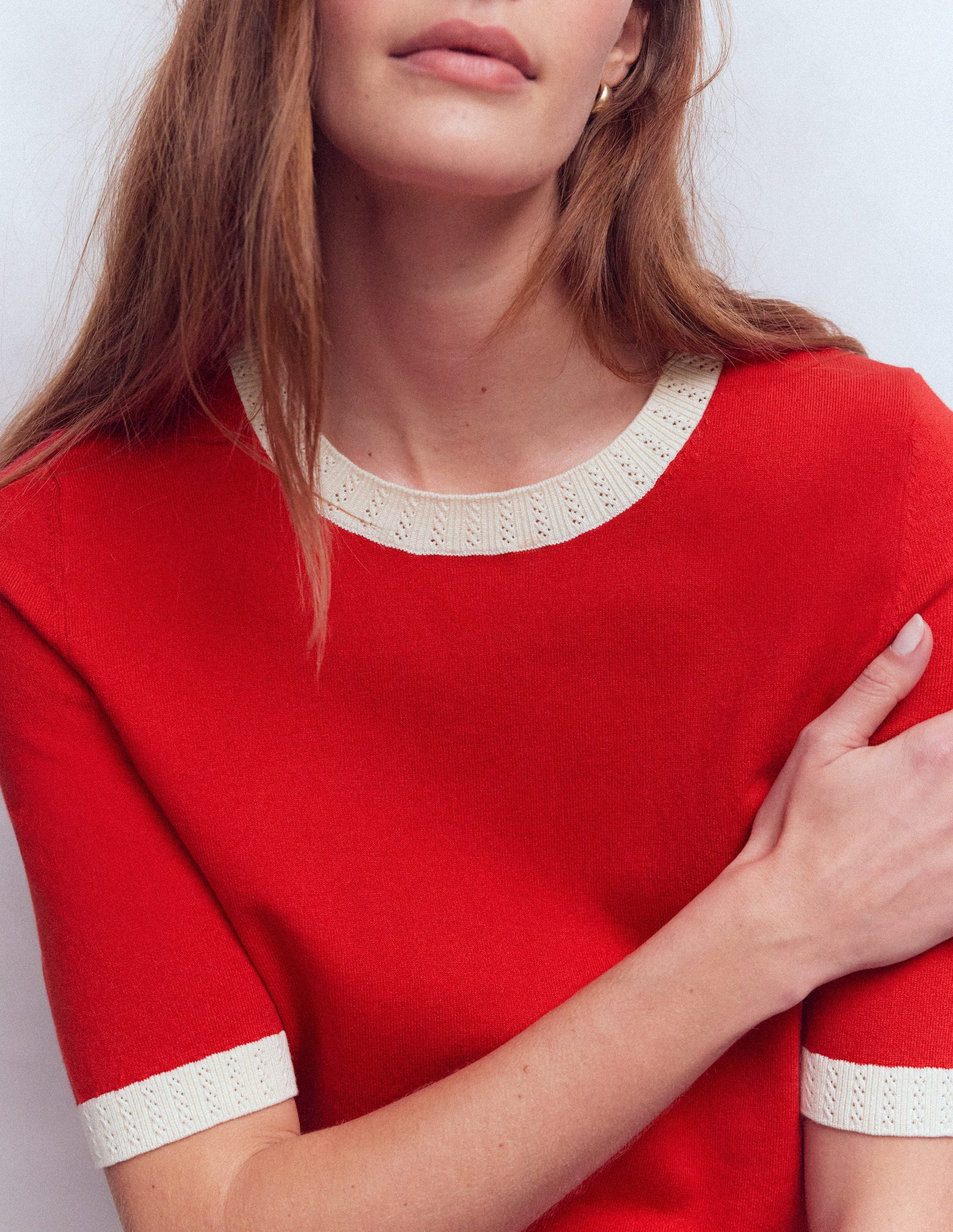 Emilia Cotton Crew T-shirt-Salsa Red, Ivory-2