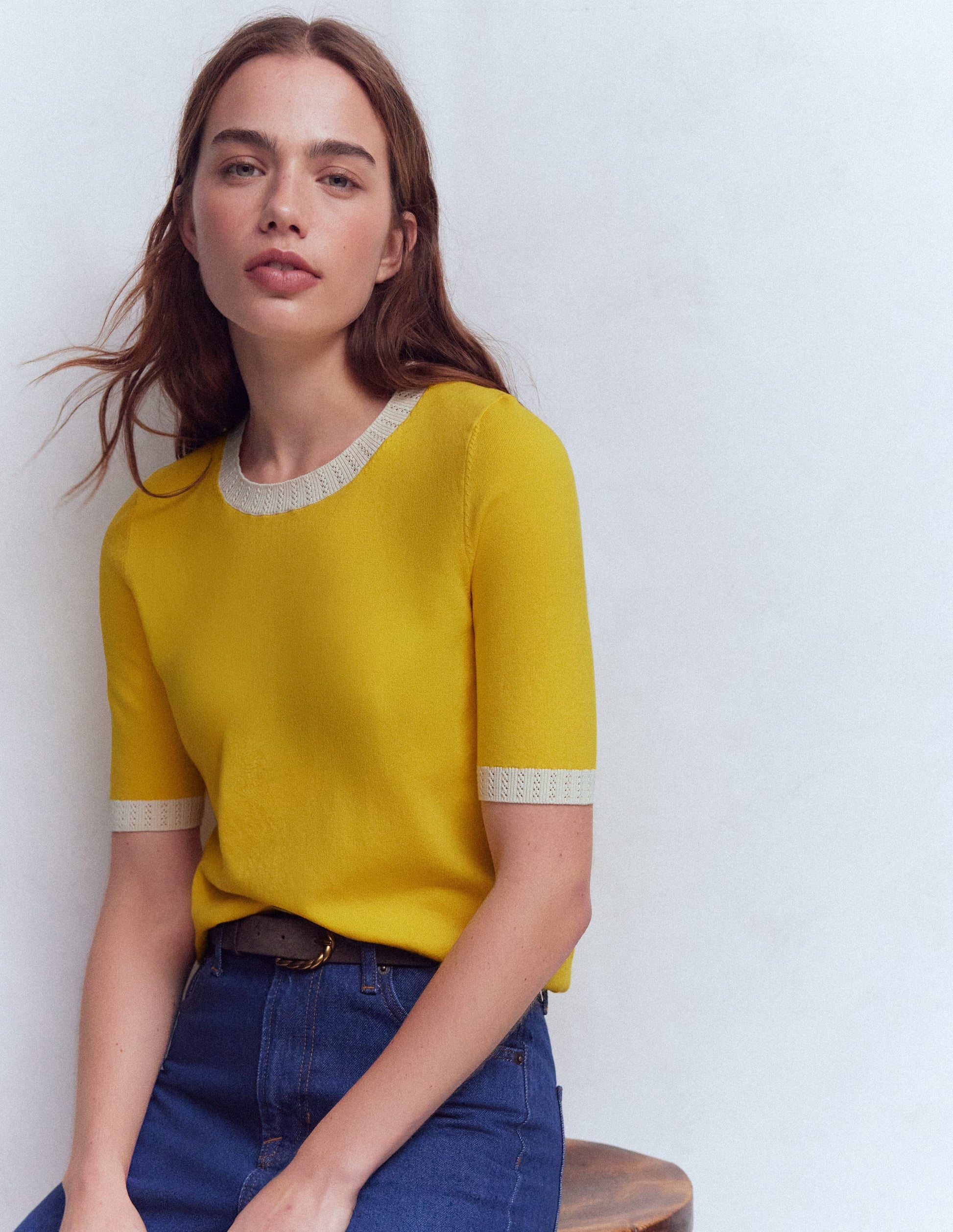 Emilia Cotton Crew T-shirt-Pineapple Yellow, Ivory-1