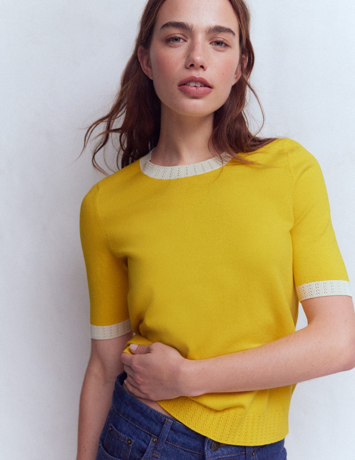 Emilia Cotton Crew T-shirt-Pineapple Yellow, Ivory