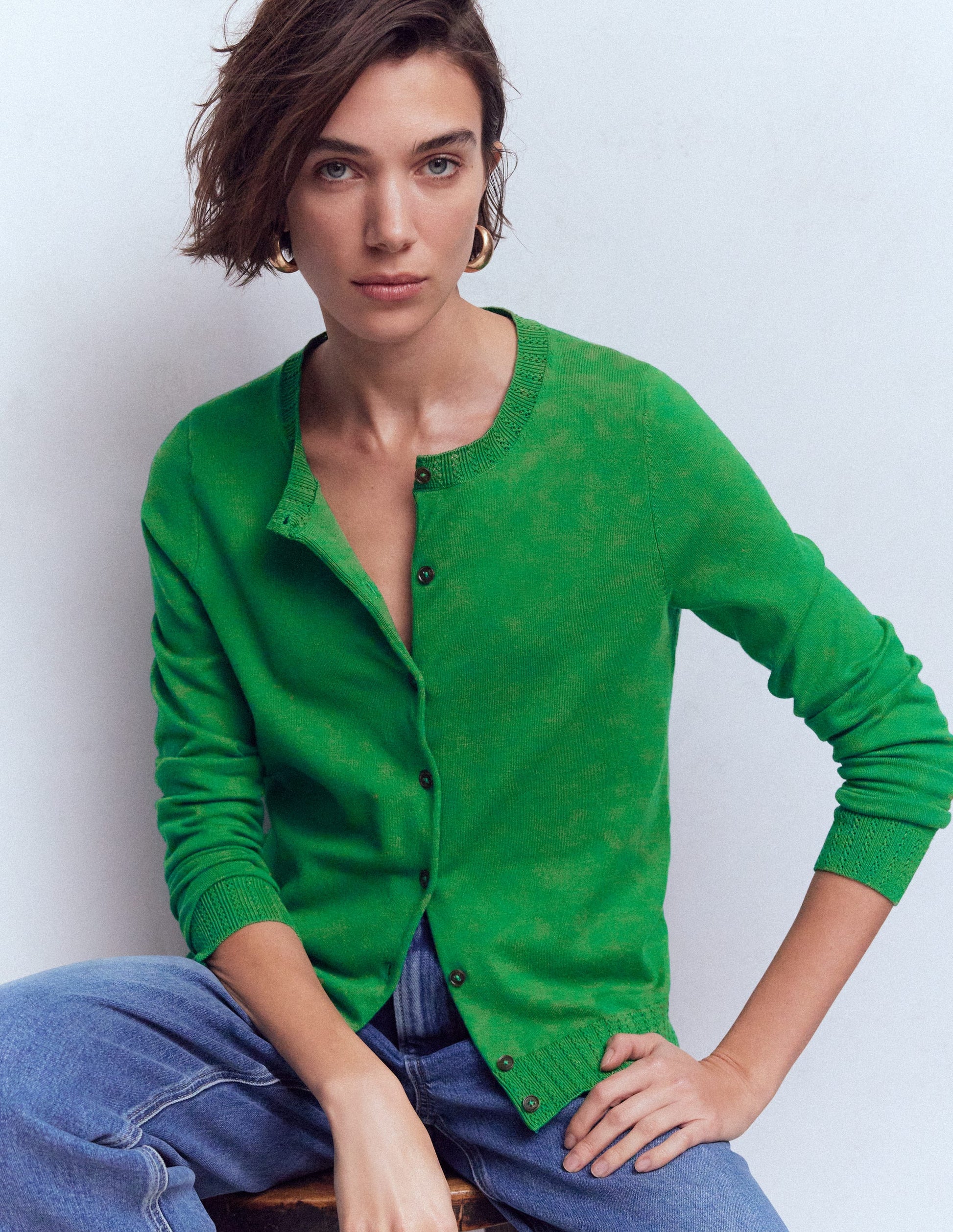 Emilia Cotton Crew Cardigan-Rich Emerald-1