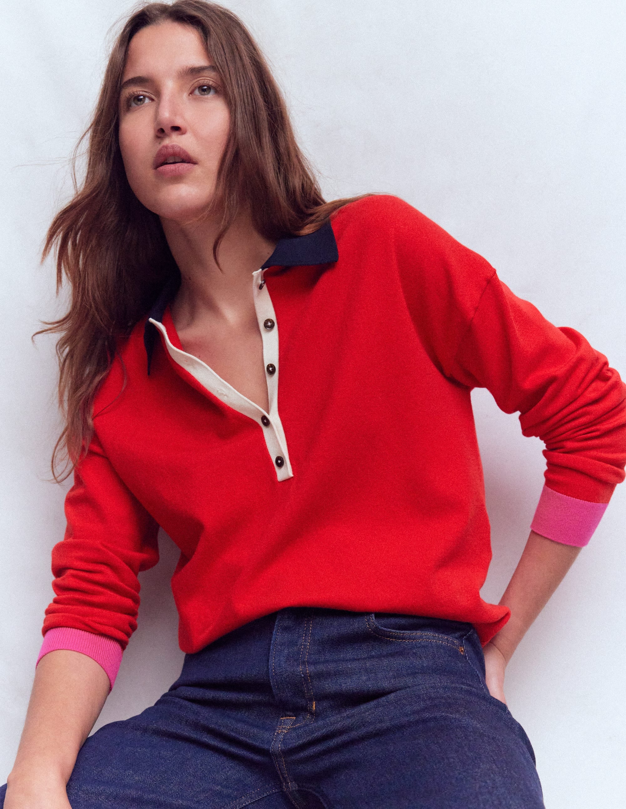 Lara Cotton Henley Jumper-Red - Image 1