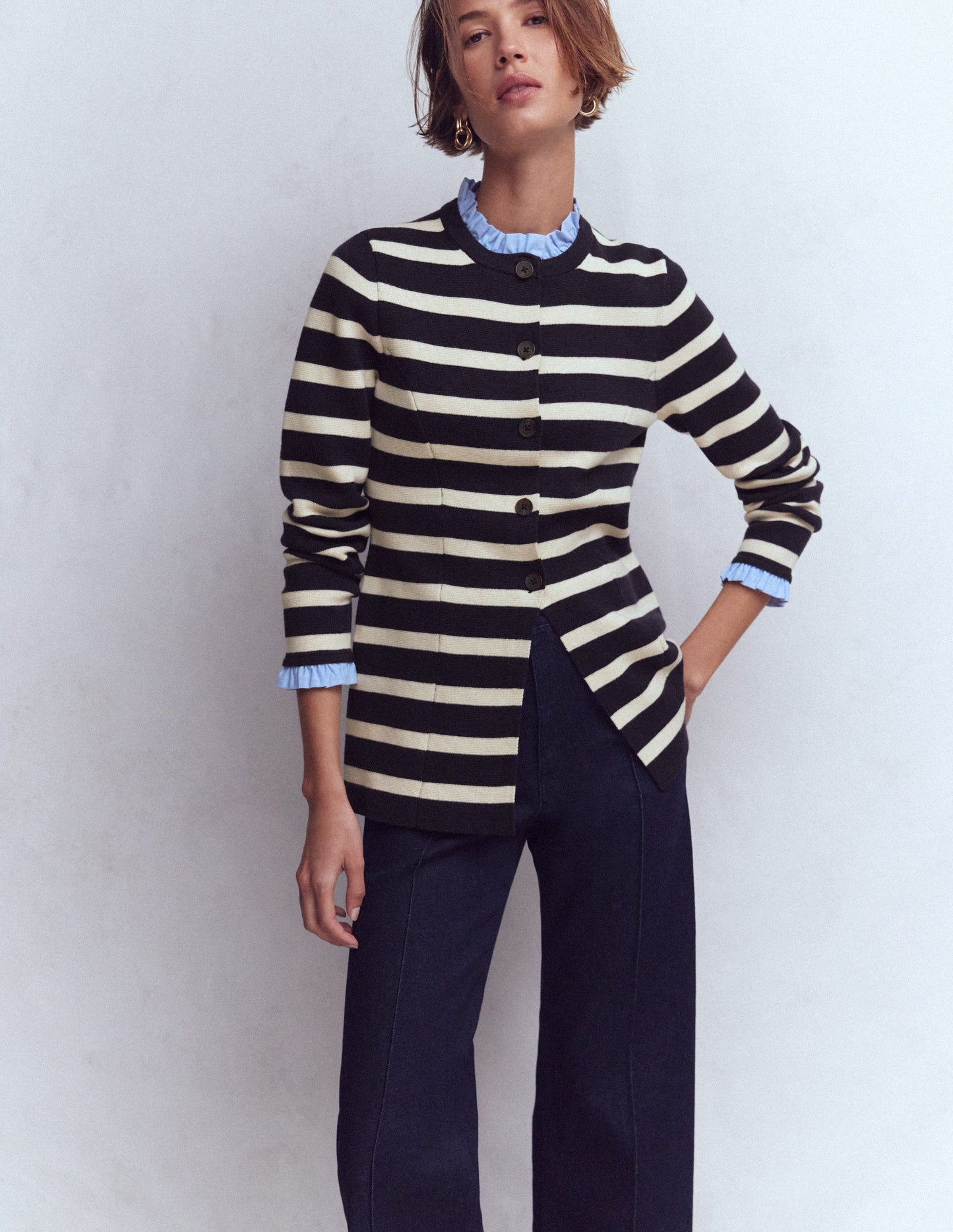 Joanna Fitted Knitted Jacket-Navy/ Warm Ivory Stripe