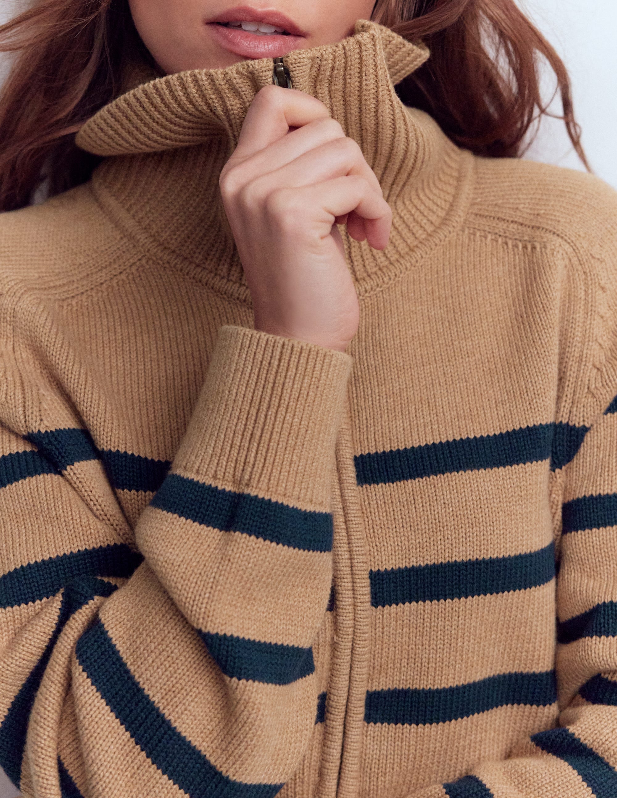 Lucy Half Zip Jumper-Camel Melange, Navy Stripe - Image 2