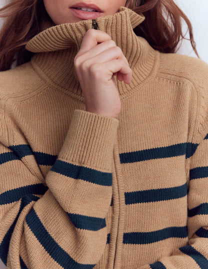 Lucy Half-zip Jumper-Camel Melange, Navy Stripe-2
