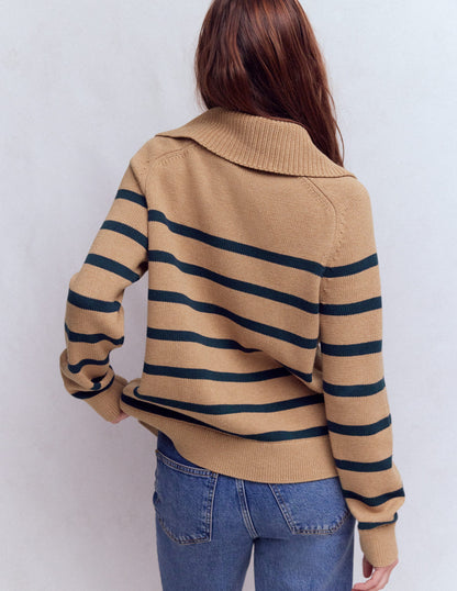 Lucy Half-zip Jumper-Camel Melange, Navy Stripe-3