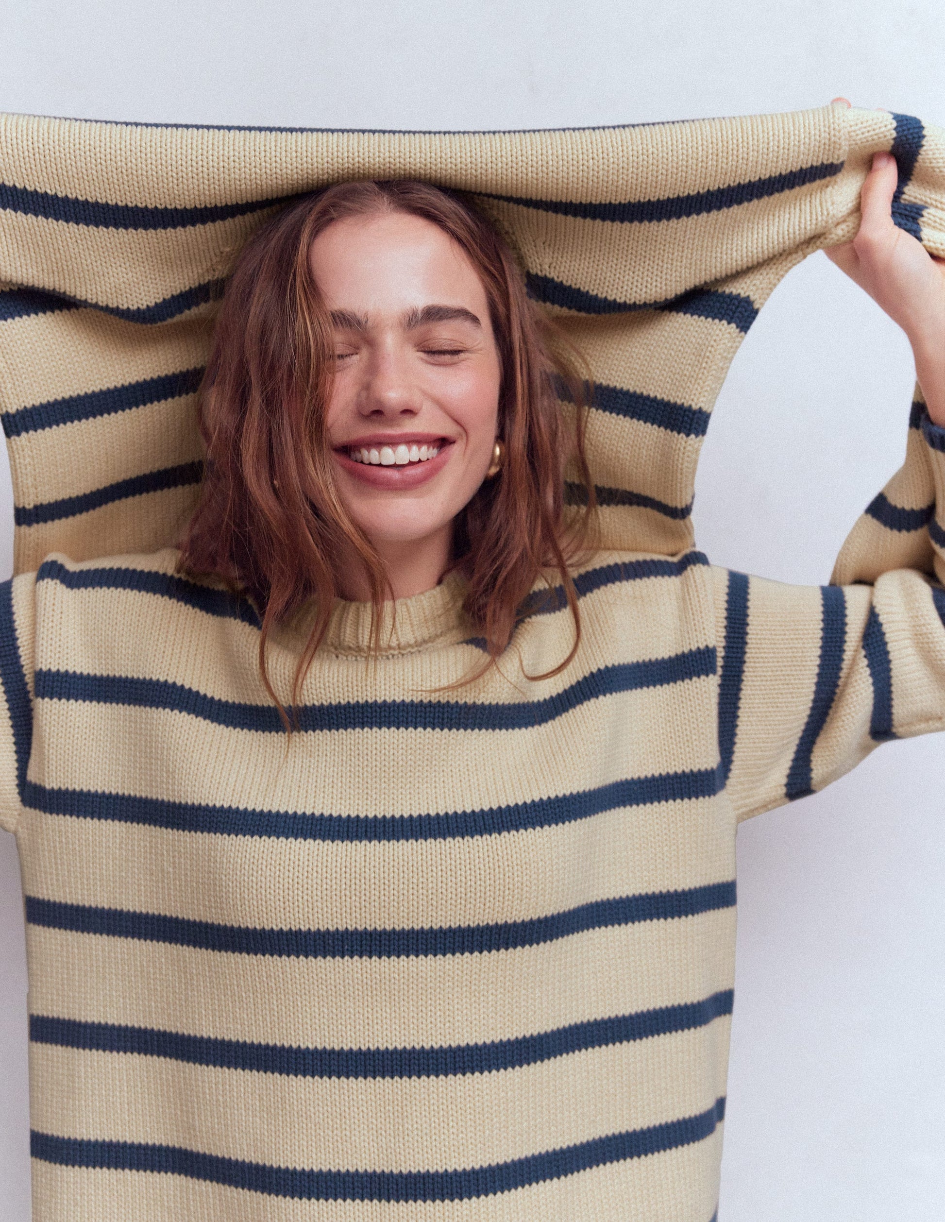 Lucy Oversized Cotton Jumper-Almond Milk/ Denim Blue Stripe-2