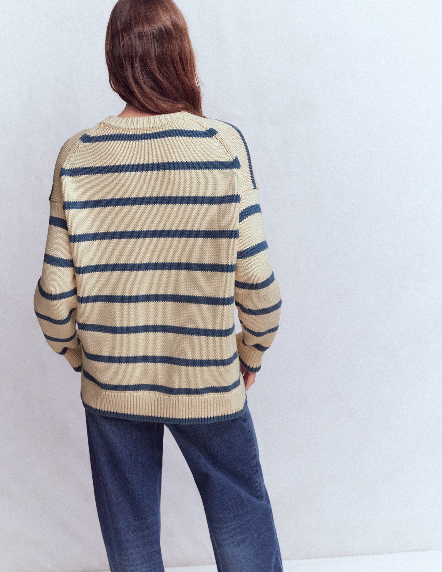 Lucy Oversized Cotton Jumper-Almond Milk/ Denim Blue Stripe