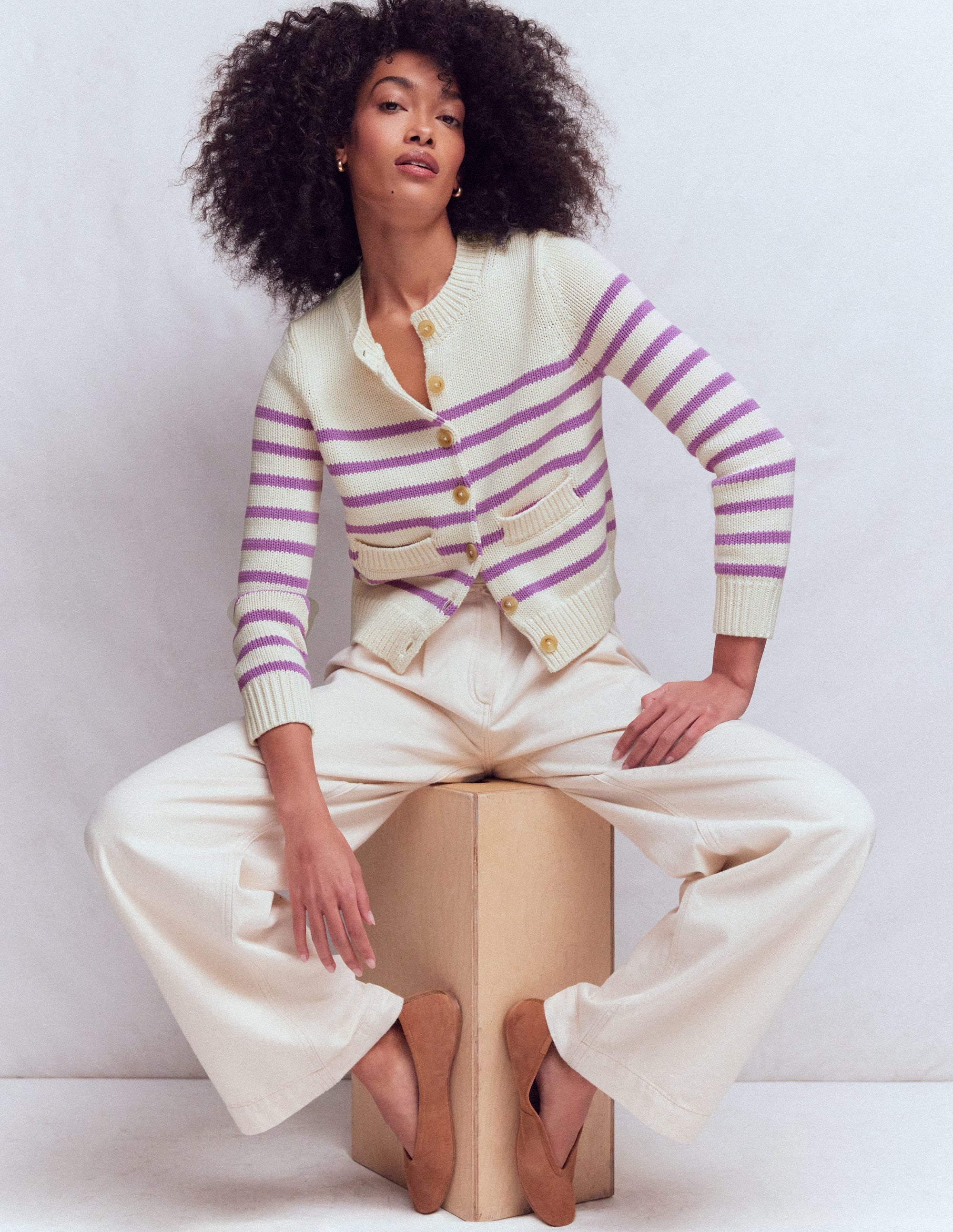 Lucy Chunky Cotton Cardigan-Warm Ivory/ Mulberry Purple - Image 1