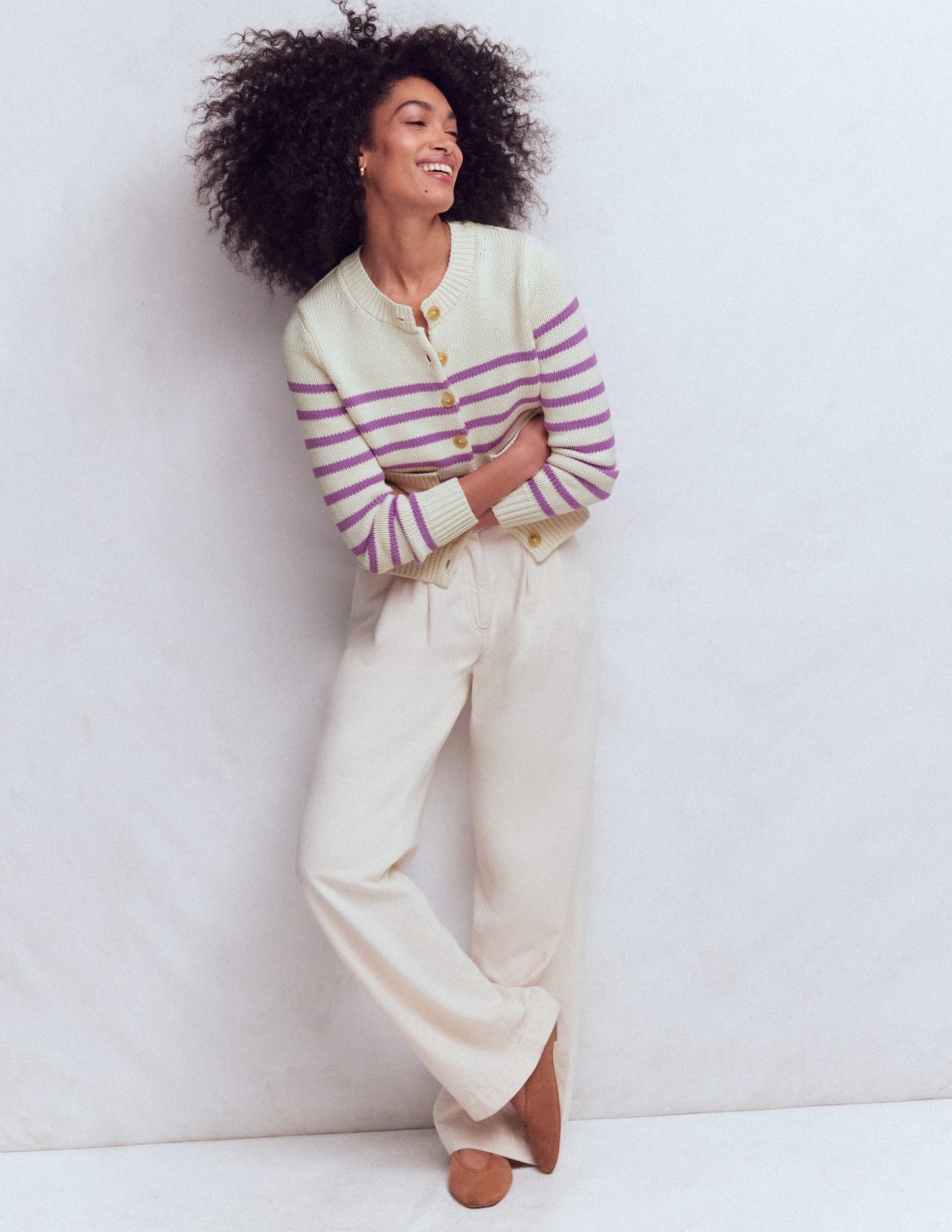 Lucy Chunky Cotton Cardigan-Warm Ivory/ Mulberry Purple