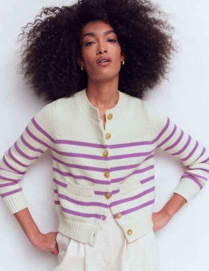 Lucy Chunky Cotton Cardigan-Warm Ivory/ Mulberry Purple-5
