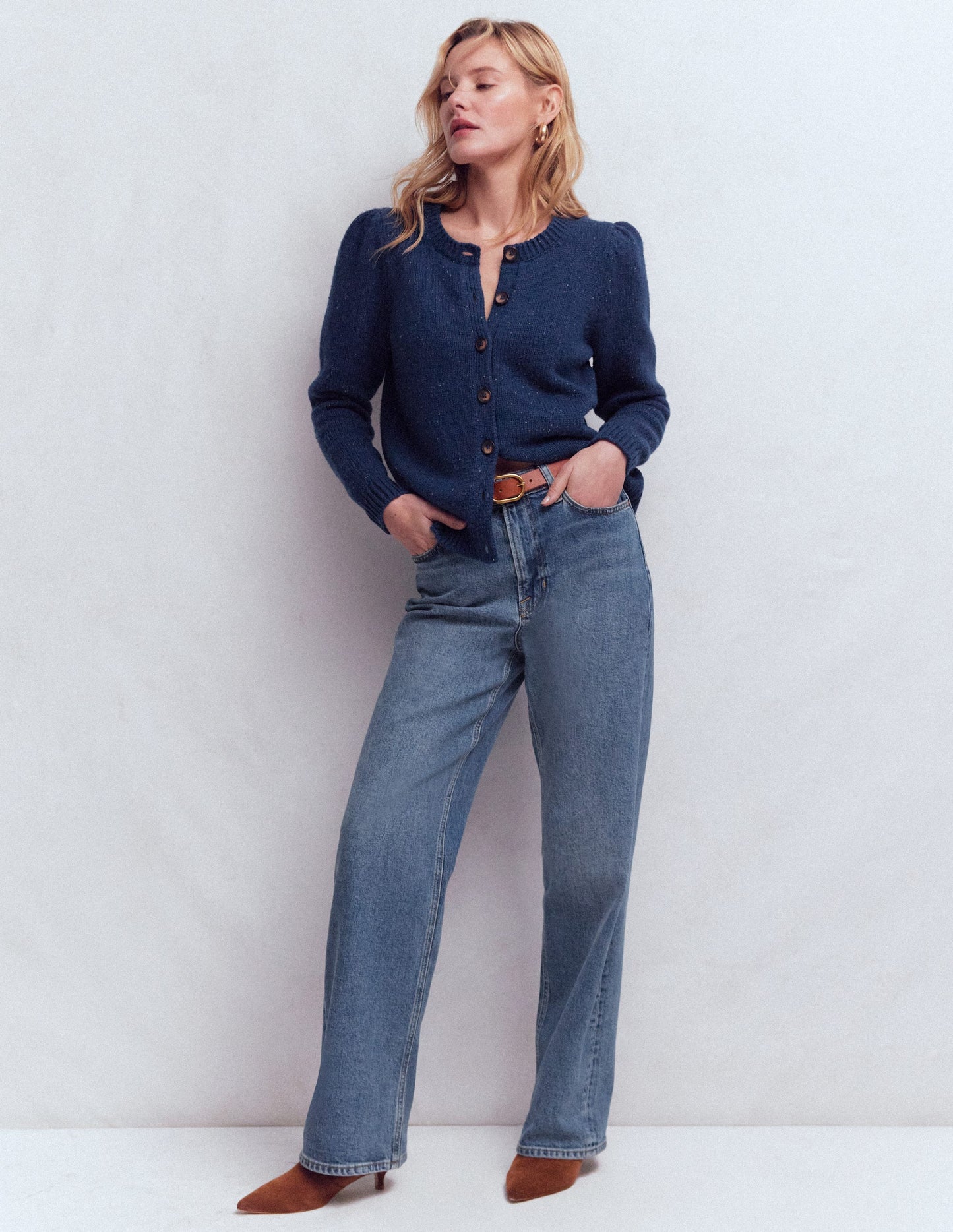 Davina Puff Sleeve Cardigan-Blue, Nep