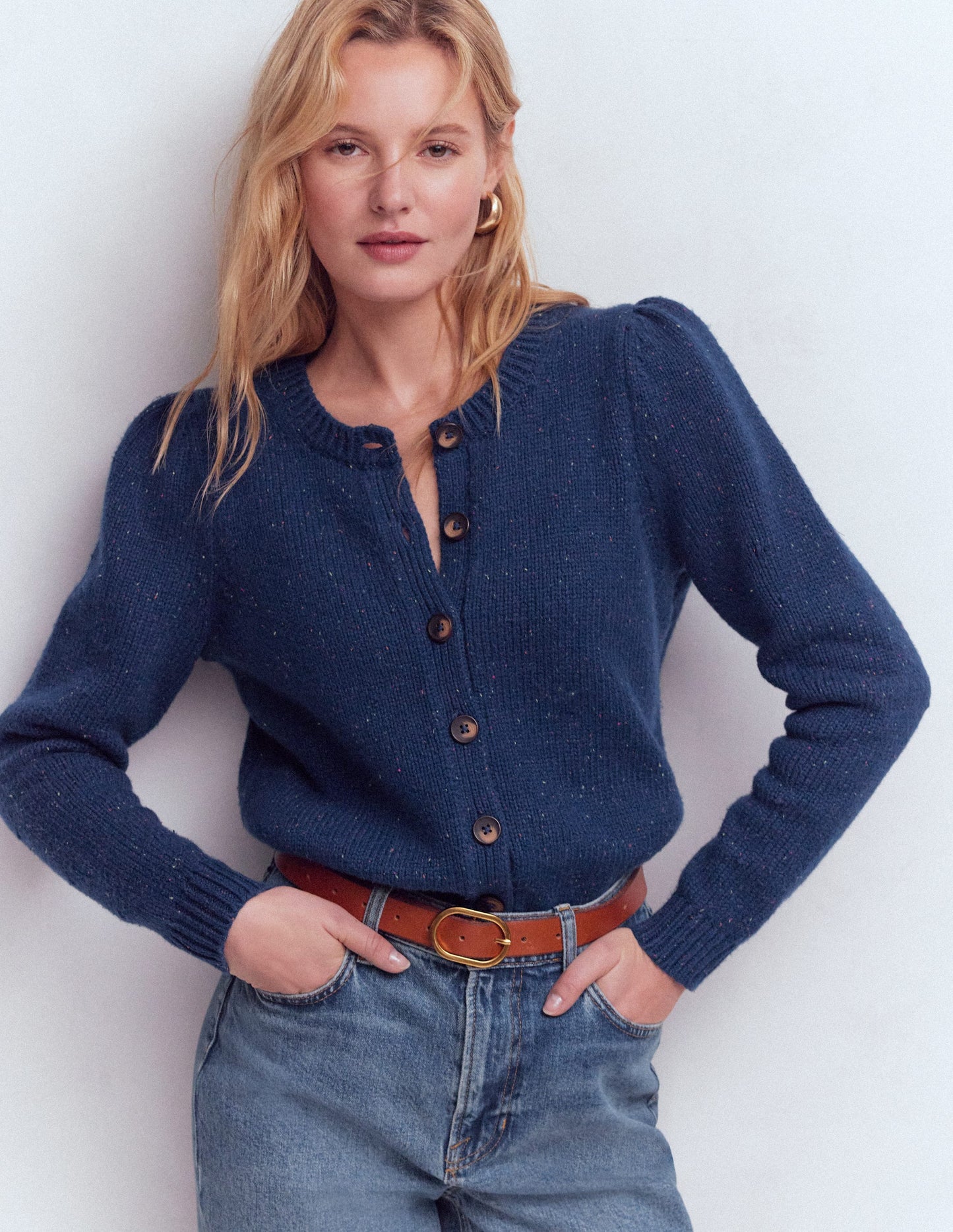 Davina Puff Sleeve Cardigan-Blue, Nep