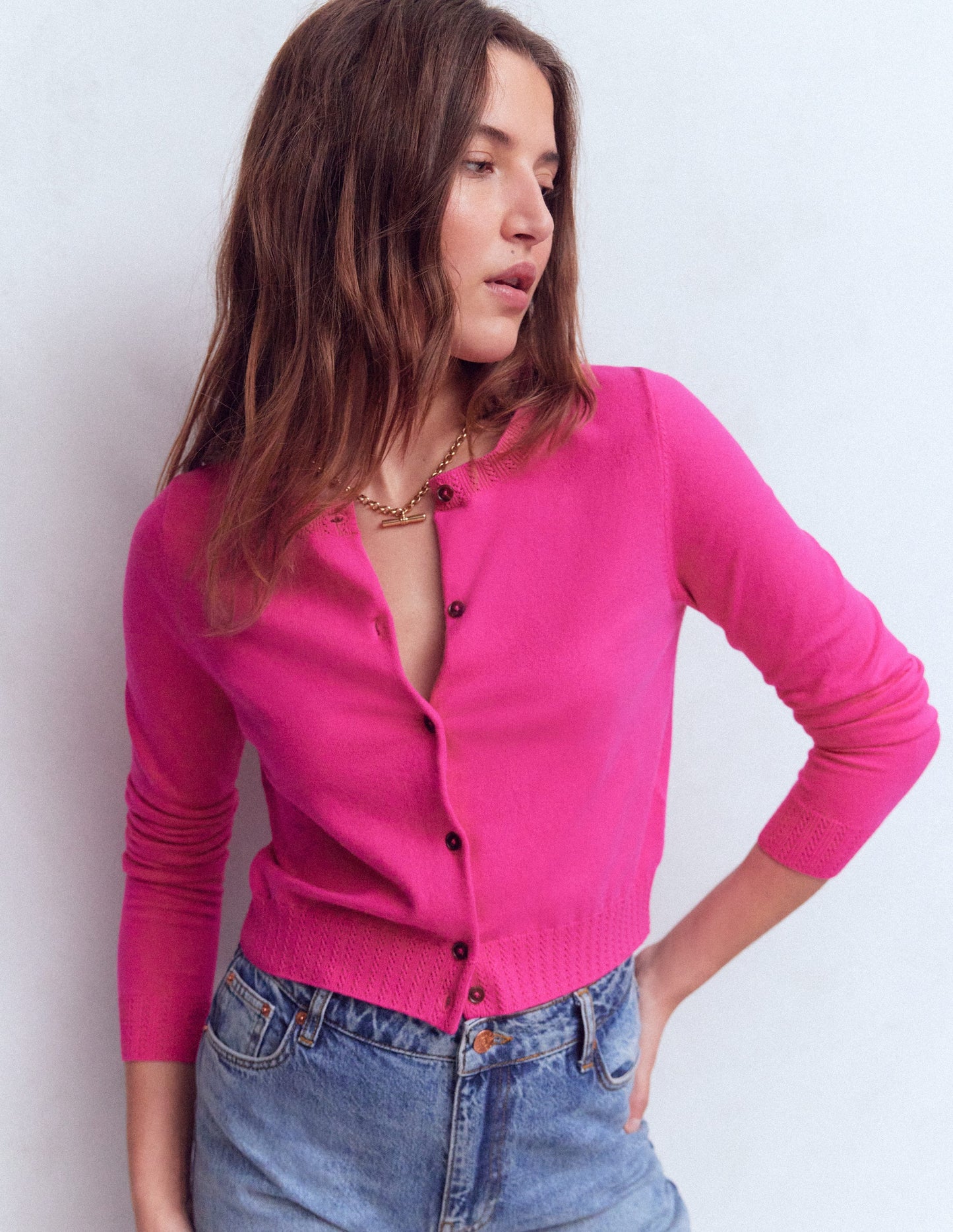 Emilia Cotton Cropped Cardigan-Pink Peony