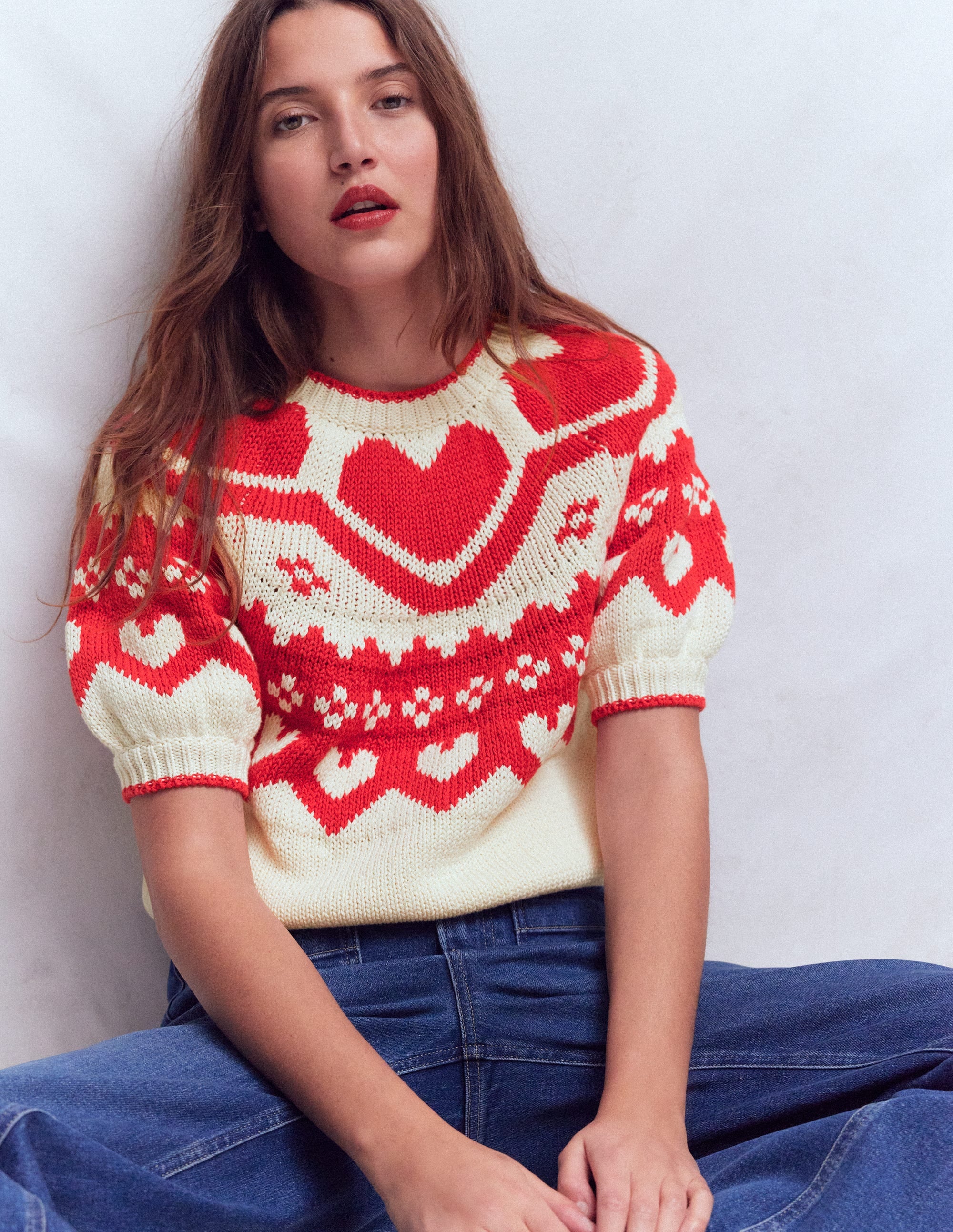 Margot Puff Sleeve T-Shirt-Warm Ivory Hearts - Image 1
