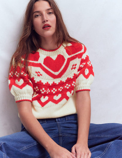 Margot Puff Sleeve T-Shirt-Warm Ivory Hearts-2