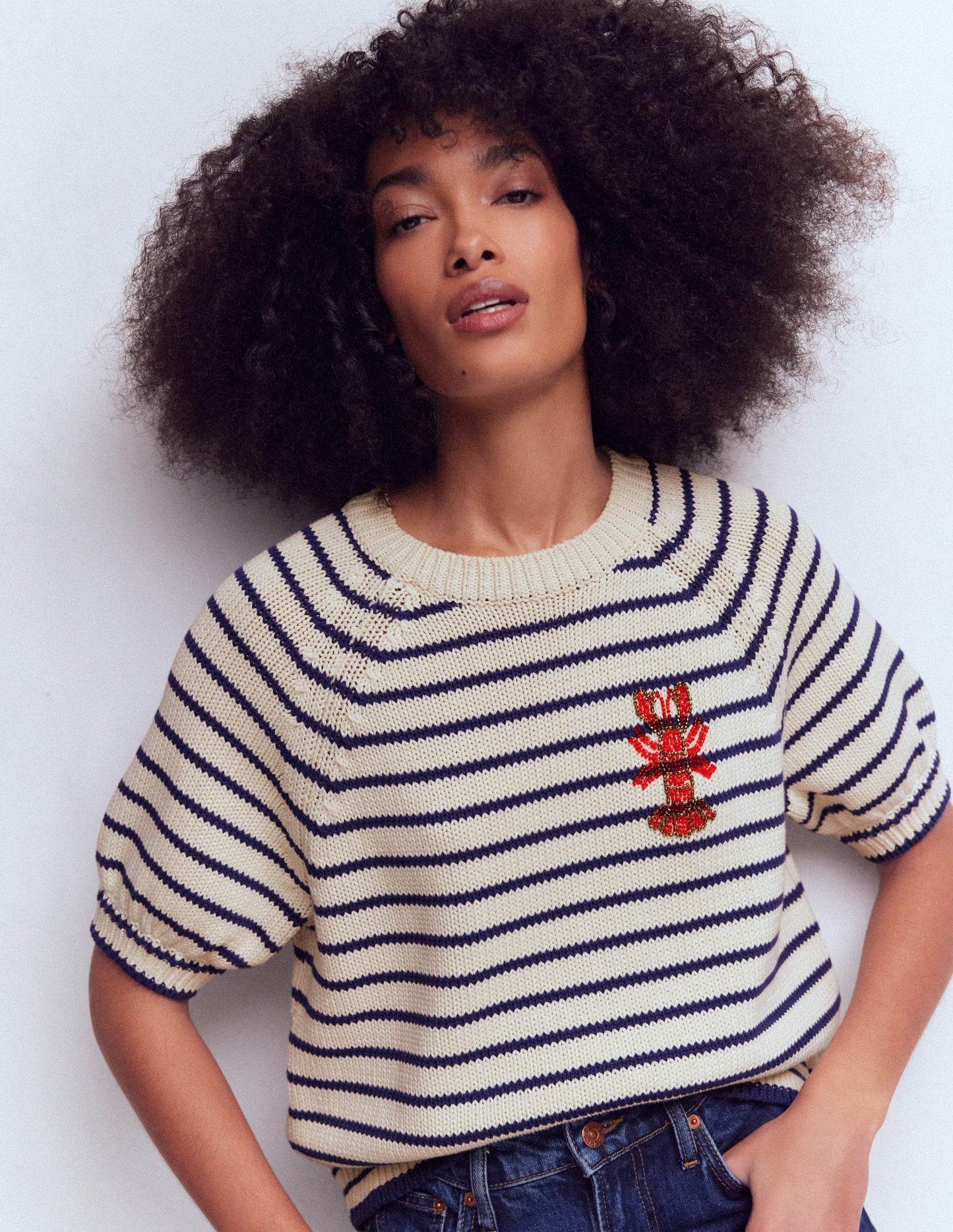 Margot Puff Sleeve T-Shirt-Ivory/ Navy Lobster