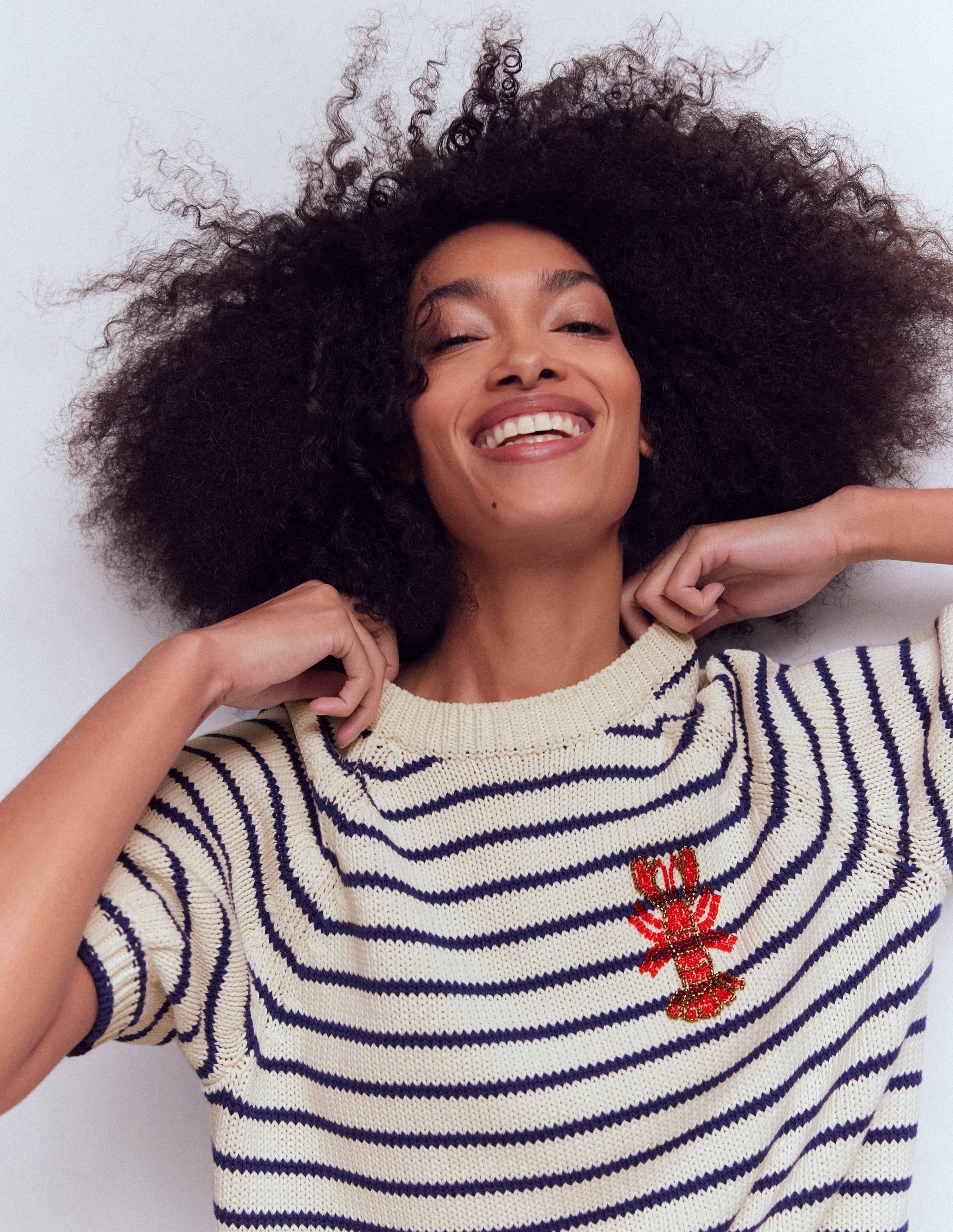 Margot Puff Sleeve T-Shirt-Ivory/ Navy Lobster - Image 2