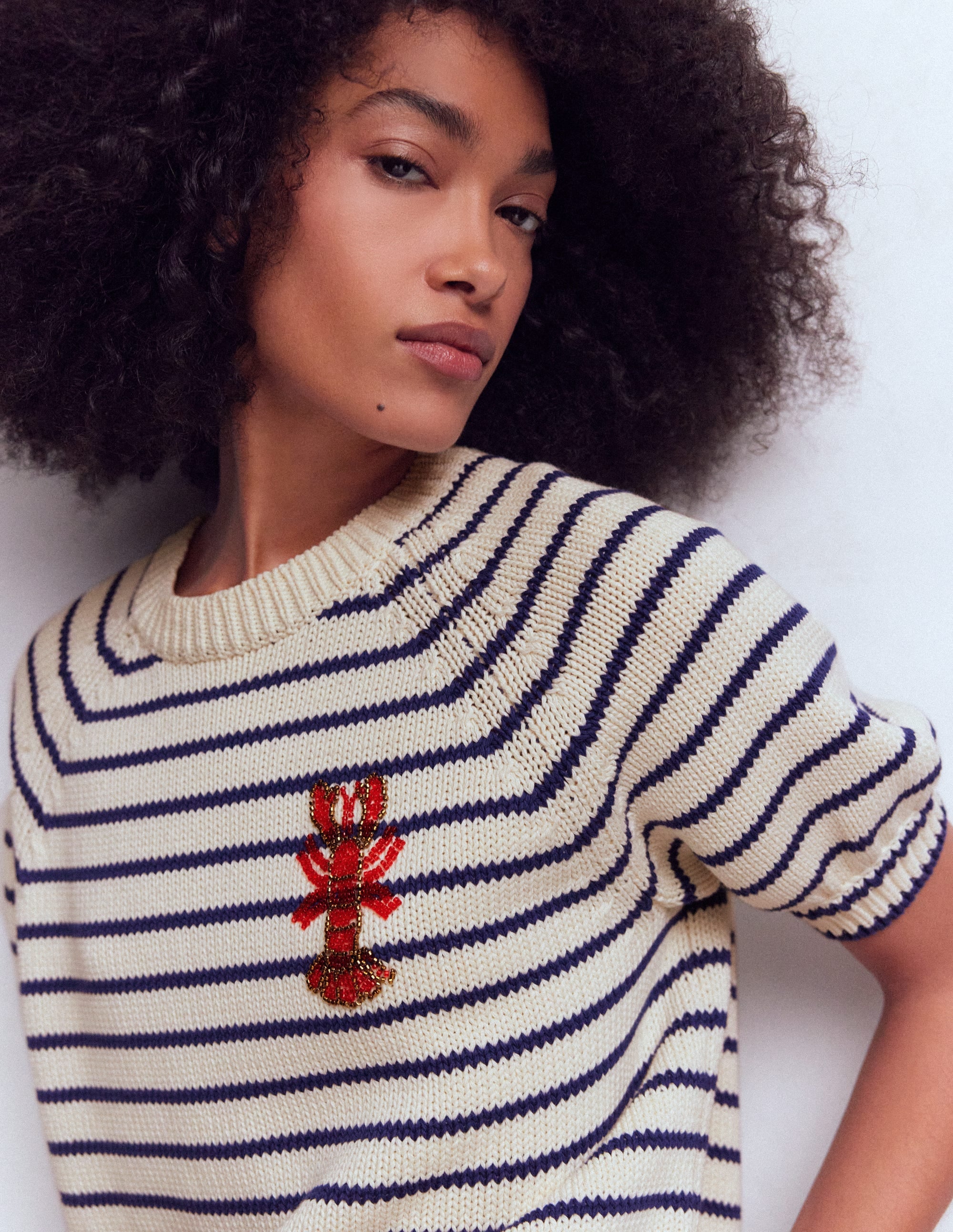 Margot Puff Sleeve T-Shirt-Ivory/ Navy Lobster - Image 3