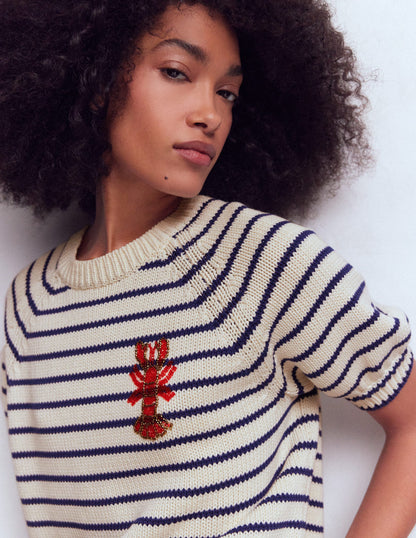 Margot Puff Sleeve T-Shirt-Ivory/ Navy Lobster-4