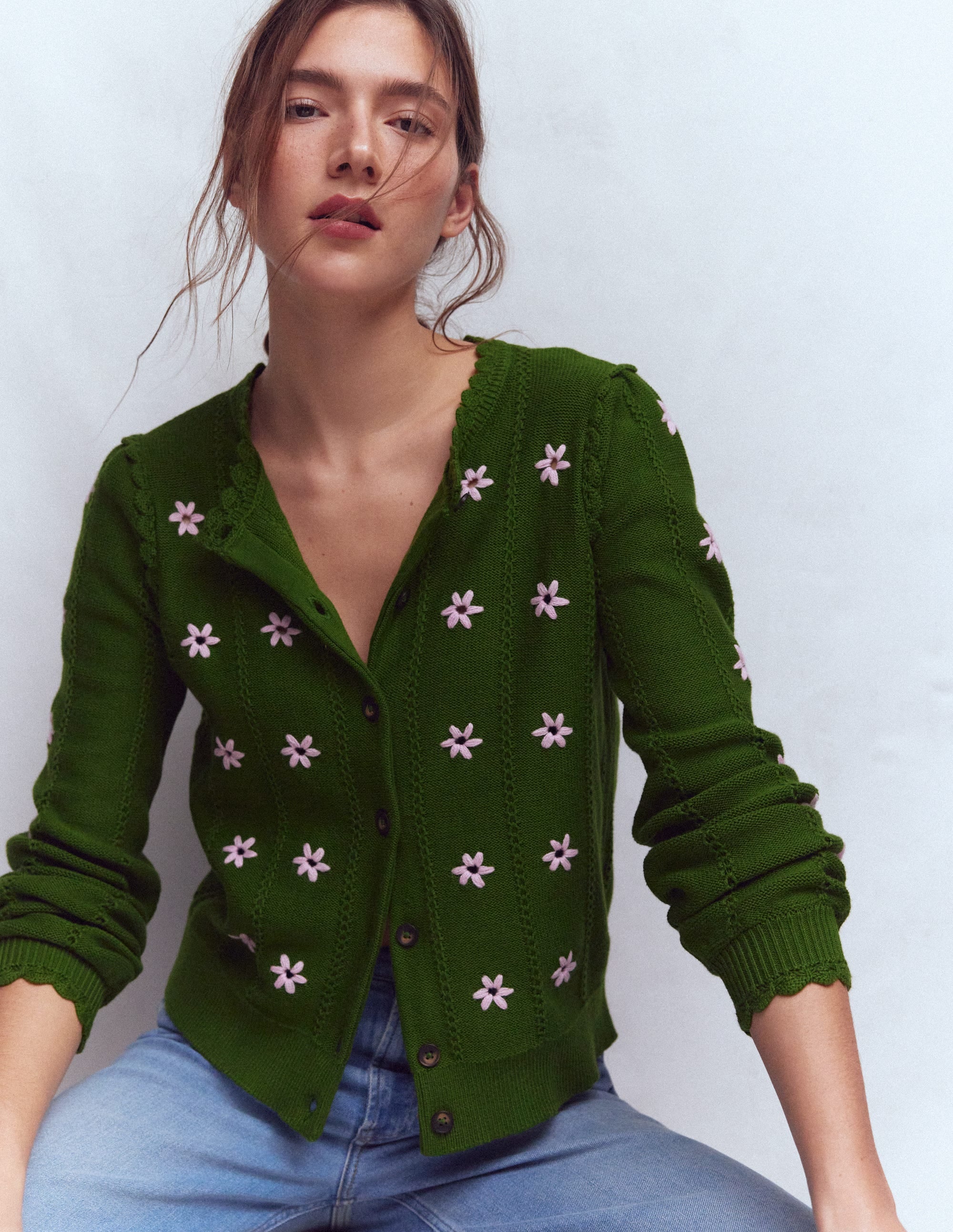 Valeria Crochet Trim Cardigan-Promenade Green , Embroidery - Image 1